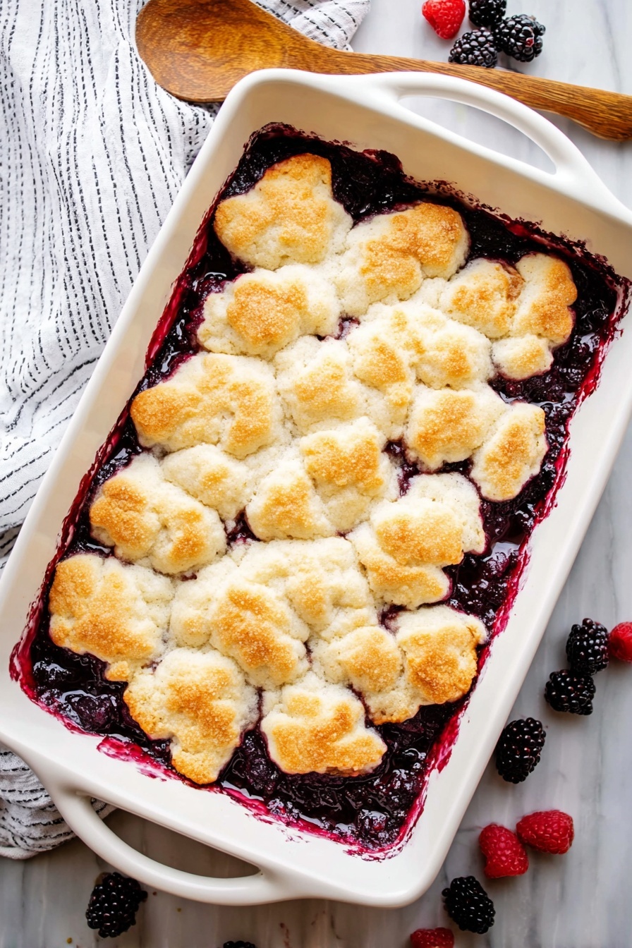 Old Fashioned Blackberry Cobbler, Blackberry Cobbler Recipe, Easy Blackberry Dessert, Classic Berry Cobbler, Juicy Blackberry Crumble - The image shows a white rectangular baking dish filled with a fruit cobbler. The bottom layer is a deep purple-black berry filling with a shiny, thick texture, visible along the edges where it has bubbled up. The top layer is a golden-brown biscuit crust with irregular, soft, and fluffy pieces covering the fruit underneath. The crust has a light toasted look, with patches of darker golden brown. The baking dish is placed on a white marbled surface, next to a wooden spoon and scattered fresh berries. A white cloth with thin black stripes is partly visible behind the dish. Photo taken with an iphone --ar 2:3 --v 7