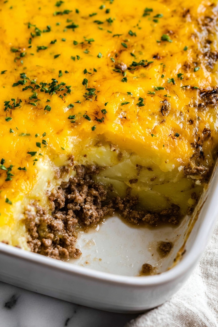 Hobo Casserole, easy hobo casserole, hearty casserole dinner, comfort food recipes, cheesy ground beef casserole - A serving of layered casserole on a white plate, showing three main layers: the bottom layer is pale slices of potato, the middle layer is ground meat with a brown color and crumbly texture, and the top layer is melted yellow cheese covering parts of the dish. Small green herb pieces are sprinkled on top and around, and black pepper is visible. The plate is set on a textured light tan mat with a small glass bowl of green herbs blurred in the background, and the edge of a black fork is in the lower right. Photo taken with an iphone --ar 2:3 --v 7