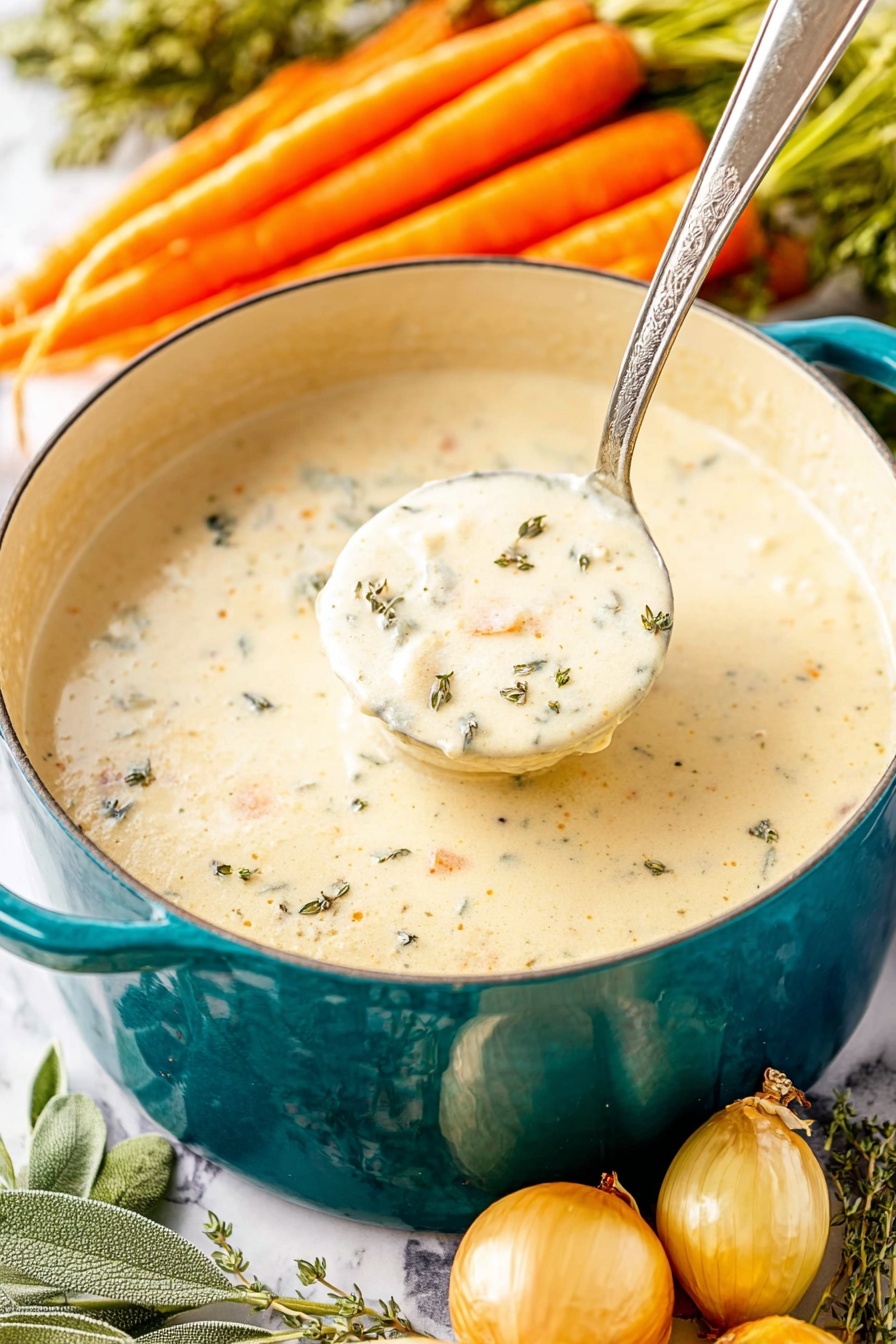 Creamy Chicken Soup, creamy chicken soup recipe, comforting chicken soup, flavorful chicken soup, easy chicken soup - A close-up view of a thick creamy soup in a deep teal pot with two handles, showing one scoop raised by a metal ladle in the center. The soup is off-white with small bits of vegetable pieces and herbs spread evenly, giving a lightly speckled look. The pot sits on a white marbled surface surrounded by small yellow onions and fresh sage leaves on the left and a bunch of orange carrots with green tops in the blurry background above. Photo taken with an iphone --ar 2:3 --v 7