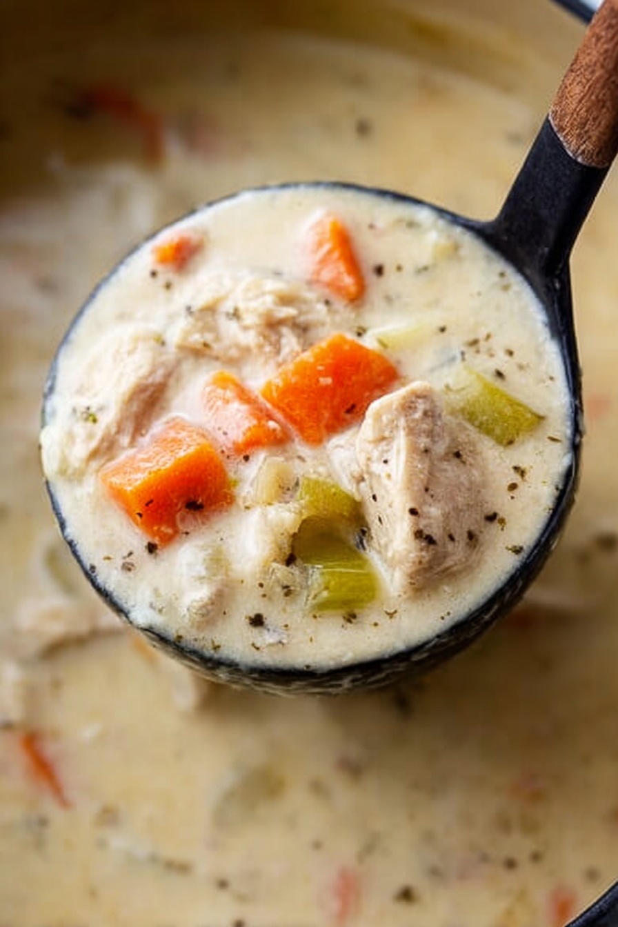Creamy Chicken Soup, creamy chicken soup recipe, comforting chicken soup, flavorful chicken soup, easy chicken soup - A close-up of a black ladle holding thick creamy soup filled with chunky pieces of orange carrots, pale green celery, and light beige tender meat. The soup has a smooth, light cream base with small black pepper specks scattered throughout. The background features a white marbled texture with some of the soup visible in a pot. The texture looks rich and velvety. photo taken with an iphone --ar 2:3 --v 7