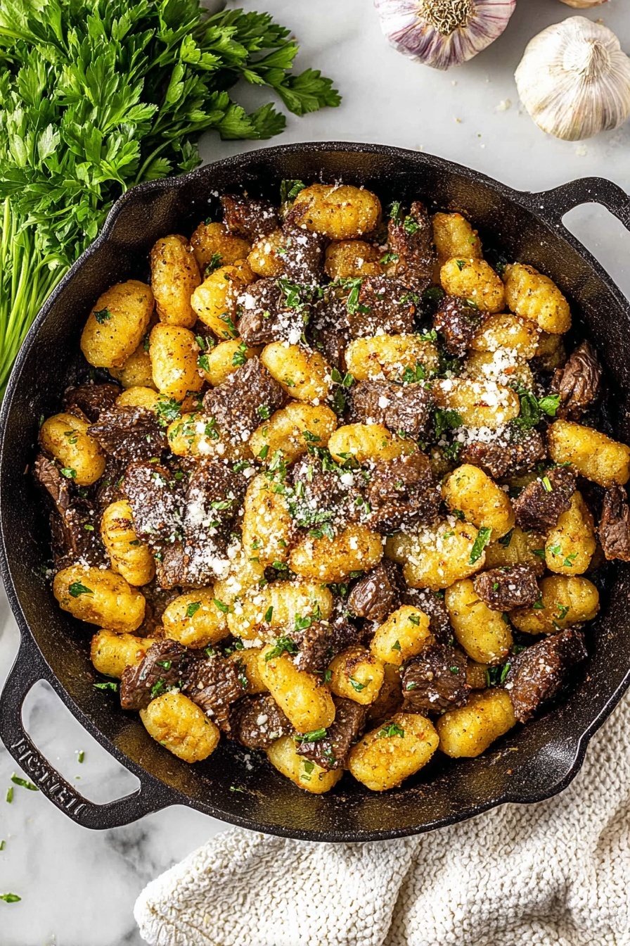 Steak Bites with Gnocchi in Garlic Butter, steak bites recipe, garlic butter gnocchi, easy steak and gnocchi dish, savory beef gnocchi - A large black cast iron pan is filled with golden brown gnocchi and tender dark brown beef pieces mixed evenly. The gnocchi pieces have a crispy texture with some darker roasted spots, while the beef chunks are seared with a rough surface. The dish is sprinkled with grated white cheese and small chopped green herbs. The pan is placed on a white marbled surface, with fresh green parsley in the top left corner and two whole garlic heads at the bottom right. A white textured cloth is partly visible behind the pan near the top right corner. Photo taken with an iphone --ar 2:3 --v 7