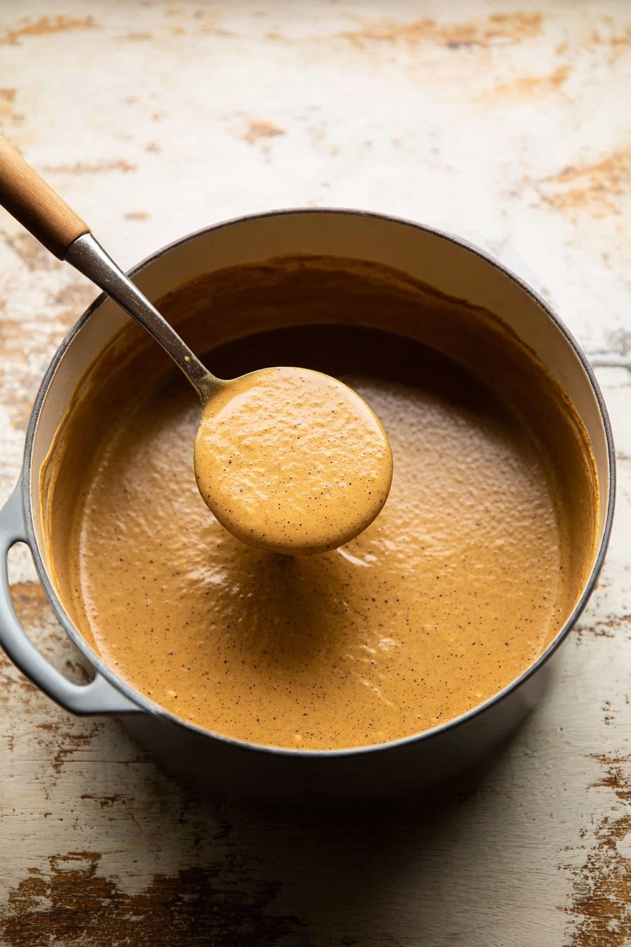 Roasted Cauliflower Soup, healthy cauliflower soup, vegan cauliflower soup, easy cauliflower soup recipe, creamy cauliflower soup - A large gray pot filled with a smooth, thick, light brown sauce that has tiny dark specks dispersed evenly throughout. The sauce coats the sides of the pot, showing a slightly glossy texture. A silver ladle with a wooden handle lifts a rounded scoop of the sauce, showing its dense and creamy consistency. The pot rests on a rustic white marbled surface with some worn and darker patches. photo taken with an iphone --ar 2:3 --v 7