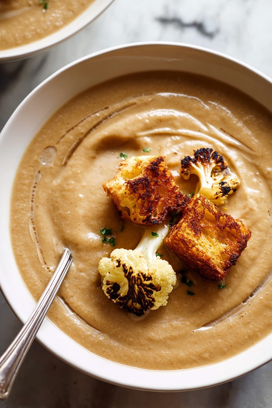 Roasted Cauliflower Soup, healthy cauliflower soup, vegan cauliflower soup, easy cauliflower soup recipe, creamy cauliflower soup - A creamy light brown soup fills a white bowl, its smooth texture showing gentle swirls across the surface. On top, two pieces of golden-brown crispy croutons rest, adding a rough and crunchy contrast. Next to them, a small roasted cauliflower floret with charred black and dark brown spots adds texture and color. Part of a silver spoon is visible on the left side, resting in the soup. The bowl is set on a surface with a white marbled texture. photo taken with an iphone --ar 2:3 --v 7