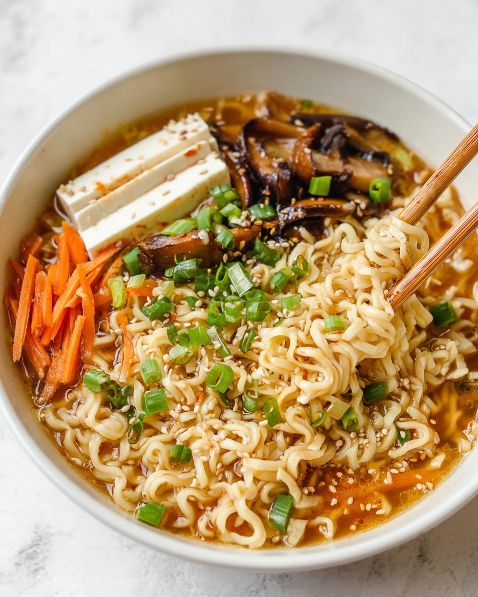 Easy Vegan Ramen, vegan ramen recipe, plant-based ramen, simple vegan noodle bowl, healthy vegan soup - A white bowl filled with light brown broth and curly light yellow noodles. The noodles form the main layer, with thin orange carrot strips and pieces of dark brown mushrooms sitting on top on one side. Scattered green chopped spring onions and white sesame seeds are sprinkled over the noodles. A drizzle of red sauce adds brightness, with some picked up by a pair of light brown wooden chopsticks resting on the right edge of the bowl. The bowl sits on a white marbled surface. photo taken with an iphone --ar 2:3 --v 7