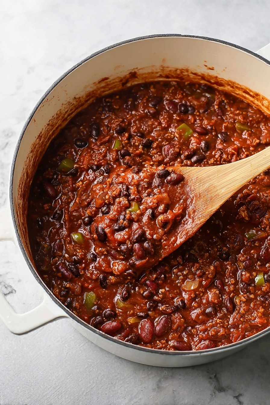 Lentil Chili, hearty vegan chili, healthy lentil recipes, vegetarian chili ideas, comforting chili with lentils - Inside a white pot filled with thick chili, the dish shows a rich reddish-brown sauce with visible textures of black beans, chopped onions, and small green pepper pieces. The chunky chili has layers of tender beans and bits of cooked vegetables all mixed in the thick sauce. A wooden spoon dips into the chili, picking up a scoop full, highlighting the moist and hearty mixture. The pot sits on a white marbled surface, and some sauce marks are visible near the pot’s rim. photo taken with an iphone --ar 2:3 --v 7