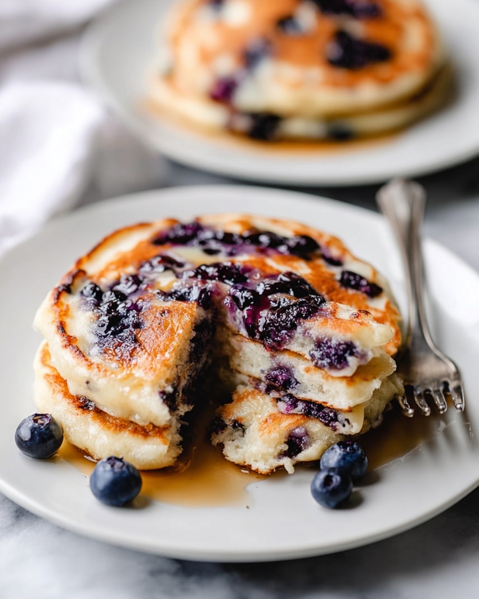 Vegan Blueberry Pancakes, easy vegan breakfast, fluffy blueberry pancakes, vegan brunch ideas, plant-based pancake recipe - A white plate holds three thick, round pancakes stacked slightly overlapping. The pancakes have a light golden-brown color with dark purple blueberry spots spread across each one. The surface shows a moist, soft texture with some melted butter glistening on top. A silver fork with an ornate handle rests on the left side of the plate. The plate sits on a white marbled surface, and some loose blueberries are scattered nearby. In the blurred background, another white plate with more blueberry pancakes is visible. photo taken with an iphone --ar 2:3 --v 7