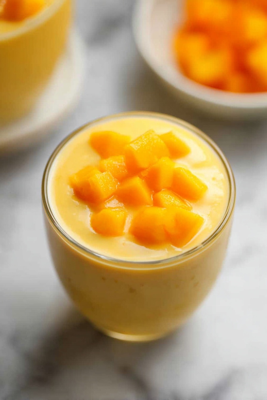 Refreshing Mango Smoothie, mango smoothie, healthy smoothie, easy fruit smoothie, summer smoothie recipes - A small clear glass filled with a creamy yellow mango pudding topped with small bright orange mango cubes on one side of the surface. The pudding has a smooth, slightly thick texture and fills the glass close to the top. The glass sits on a white marbled surface, and the focus is on the top part of the glass with blurred background elements that include another bowl and some fruit. photo taken with an iphone --ar 2:3 --v 7