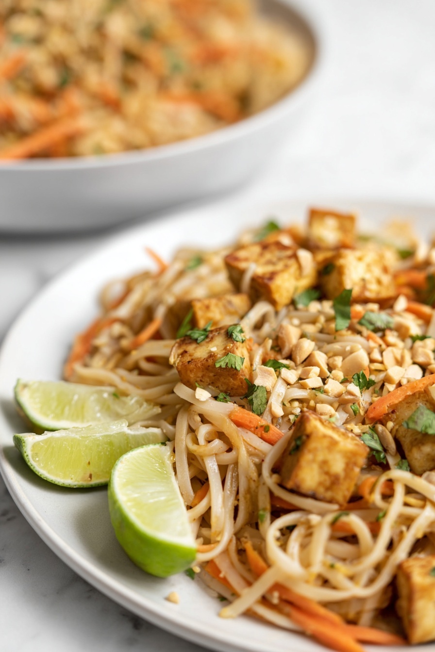 Vegan Pad Thai, Vegan Pad Thai recipe, plant-based Pad Thai, easy vegan Thai dishes, healthy vegan Pad Thai - This image shows a close-up of a dish with three main layers: at the bottom are light tan thin noodles mixed with thin orange carrot strips, then on top are small golden brown tofu cubes scattered throughout, with a few chopped green herbs and crushed peanuts sprinkled all over. In the background, there is a blurred white bowl filled with the same noodles and tofu. On the side of the plate, there are two lime wedges—one green and one light yellow—standing upright. The whole scene is set on a white marbled surface. photo taken with an iphone --ar 2:3 --v 7