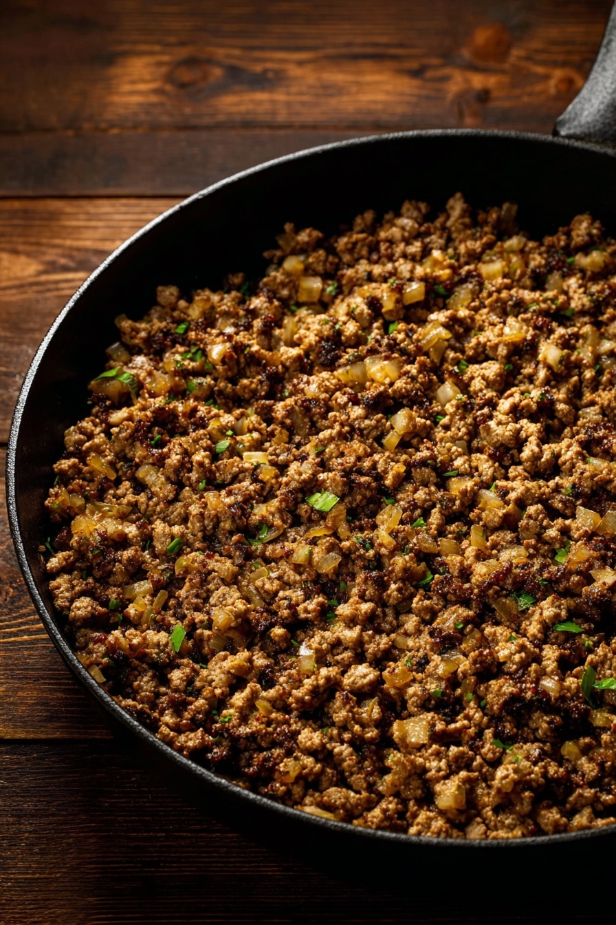 Tofu Lettuce Wraps, vegetarian lettuce wraps, healthy tofu stir-fry, vegan lettuce wraps, easy tofu lettuce wraps - A close-up view of a large black skillet filled with a cooked mixture of ground meat and small diced brown vegetables and green herbs, evenly spread out inside it, showing crumbly texture with some moist parts. The skillet sits on a wooden surface with dark brown tones. The food has a warm, rich brown color with hints of lighter beige and green pieces scattered evenly. Photo taken with an iphone --ar 2:3 --v 7