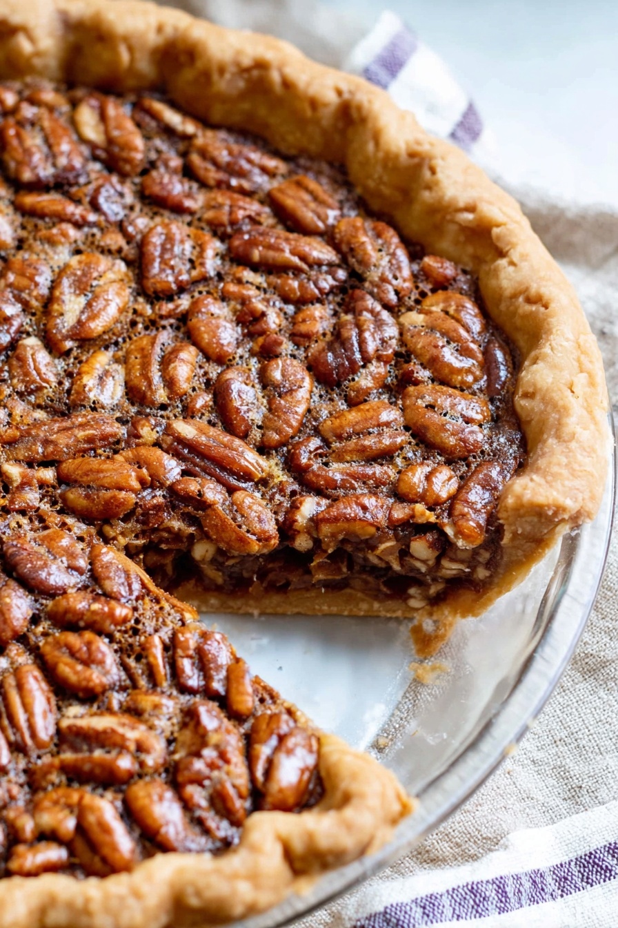 Virginia Peanut Pie, Southern peanut pie, easy peanut pie recipe, peanut pie with caramel filling, homemade peanut dessert - A close-up view of a pecan pie on a white marbled surface shows a golden brown crust with crimped edges forming the pie shell. Inside, a filling full of whole, shiny pecans in a rich, glossy caramel-colored layer is visible. The top layer is made of densely packed pecans, toasted to a warm brown color with some darker spots. Part of the pie is sliced, revealing the pie's filling held together beneath the pecans. The pie is on a clear glass pie dish resting on a beige cloth with white and purple stripes. Photo taken with an iphone --ar 2:3 --v 7