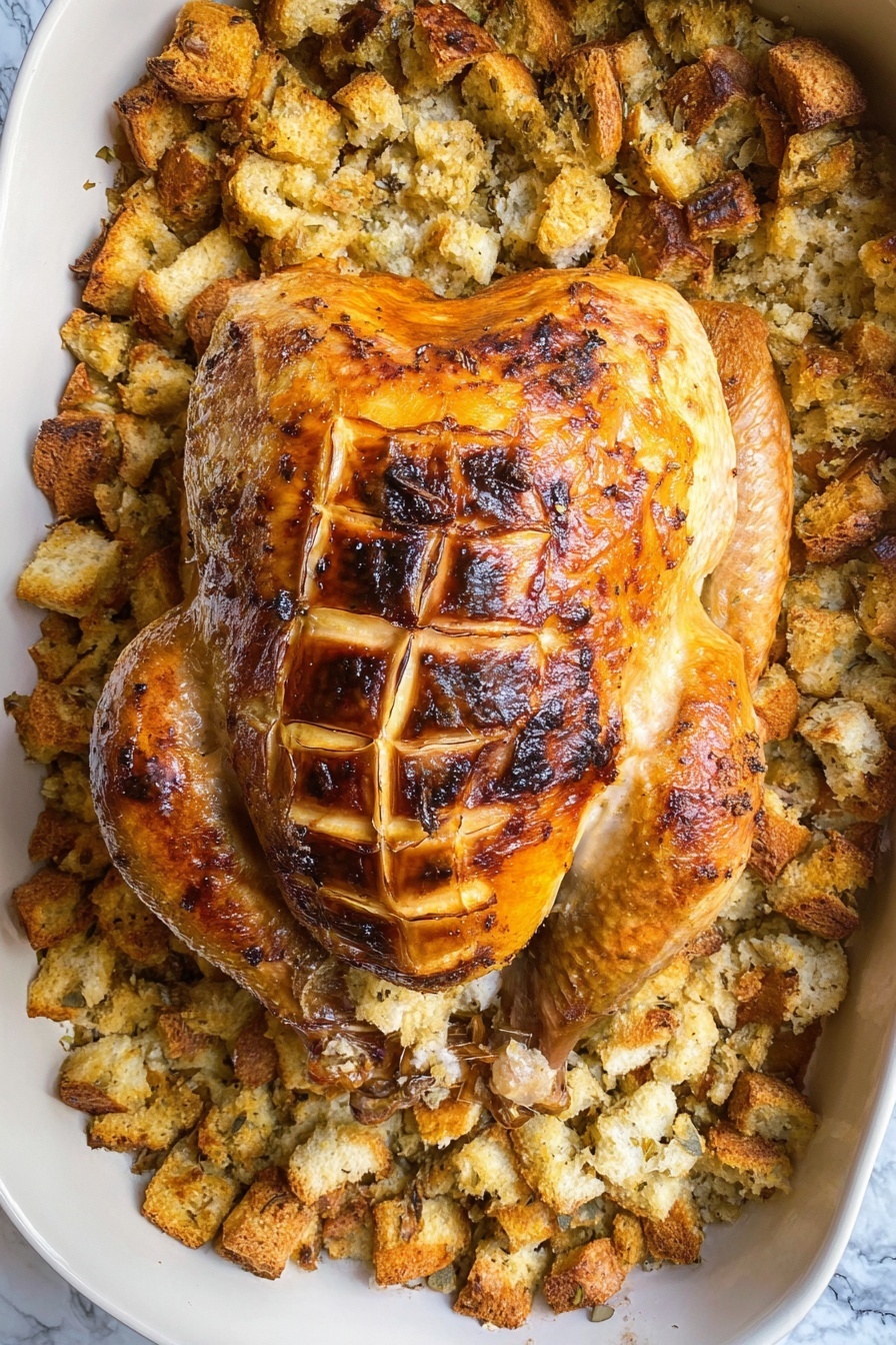 Sheet Pan Turkey and Stuffing, turkey and stuffing dinner, easy holiday casserole, one-pan turkey recipe, comforting holiday meal - A baked whole turkey is placed in the center of a white baking dish, with its skin crispy and golden brown with some darker brown spots, showing a grid pattern of shallow cuts on the top. Surrounding the turkey is a thick layer of stuffing made of chunky bread pieces that are golden and slightly browned with some darker bits and a rough, uneven texture. The stuffing fills the entire space around the turkey, touching the edges of the dish. The background underneath the dish has a white marbled texture. Photo taken with an iphone --ar 2:3 --v 7