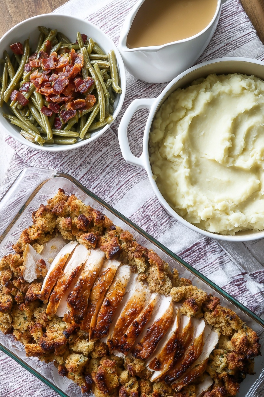 Sheet Pan Turkey and Stuffing, turkey and stuffing dinner, easy holiday casserole, one-pan turkey recipe, comforting holiday meal - A white plate holds a meal with four main parts. The first layer is creamy white mashed potatoes placed on the left side of the plate with a smooth texture. On top to the right, there is a portion of green beans that are dark green, soft, and mixed with small browned bits. Below the green beans are chunks of golden brown stuffing with a crispy, rough texture. Above the stuffing and mashed potatoes are two thick slices of roasted white meat with golden-brown edges, covered by a smooth, light brown sauce that drips slightly over the sides. The plate sits on a white marbled surface. Photo taken with an iphone --ar 2:3 --v 7