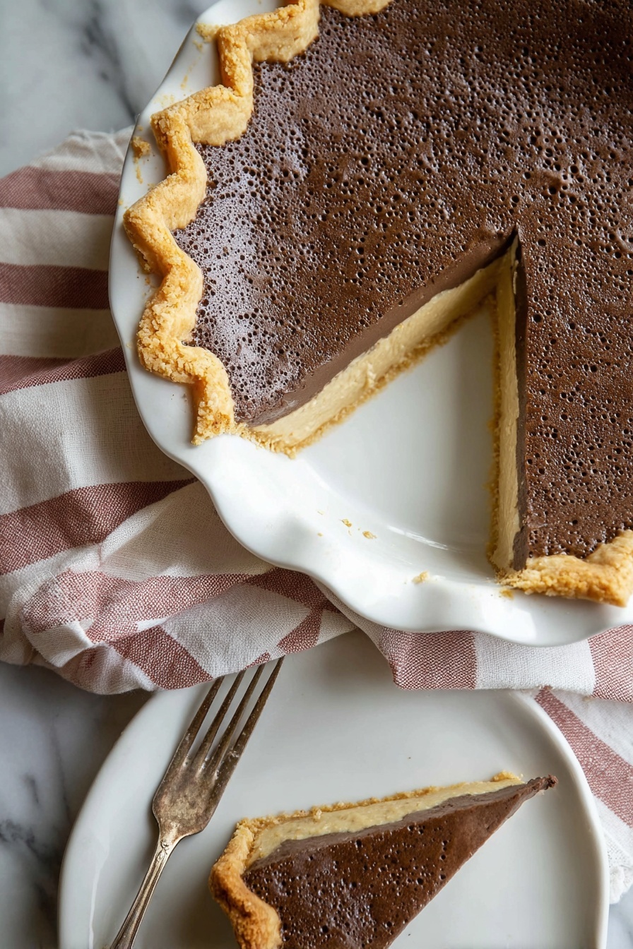 Bob Andy Pie, custard pie recipe, comforting dessert recipes, easy pie recipes, spiced custard pie - A pie with one slice removed, showing two layers: a thick light tan creamy bottom layer and a thick dark brown top layer with a bubbly texture. The pie crust is golden brown and flaky, wrapped around the edge with a wavy shape. The pie sits in a white ceramic dish with scalloped edges on a white marbled surface with a pink and white striped cloth under it. The removed slice is on a white plate below, showing the same layers and crust. A silver fork with a worn handle sits on the cloth next to the plate. photo taken with an iphone --ar 2:3 --v 7