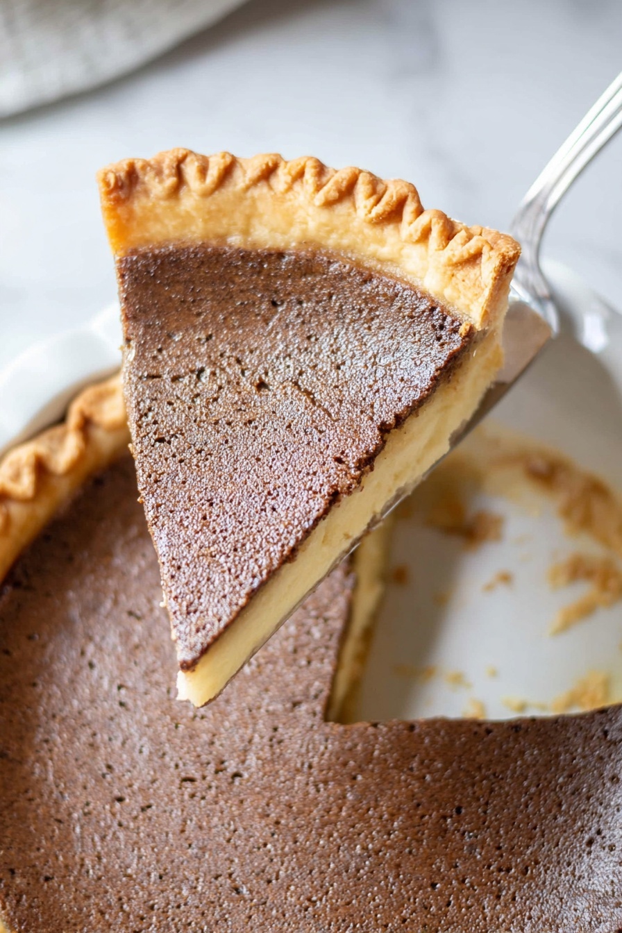 Bob Andy Pie, custard pie recipe, comforting dessert recipes, easy pie recipes, spiced custard pie - The image shows a slice of pie with three visible layers: a light golden brown flaky crust on the outer edge, a dark brown smooth but slightly porous custard-like filling in the middle, and a thin crust base under the filling. The slice is held above the remaining pie on a silver pie server, revealing the same dark brown custard filling and crust around the edges in a white pie dish. The pie and slice sit on a white marbled surface. Photo taken with an iphone --ar 2:3 --v 7