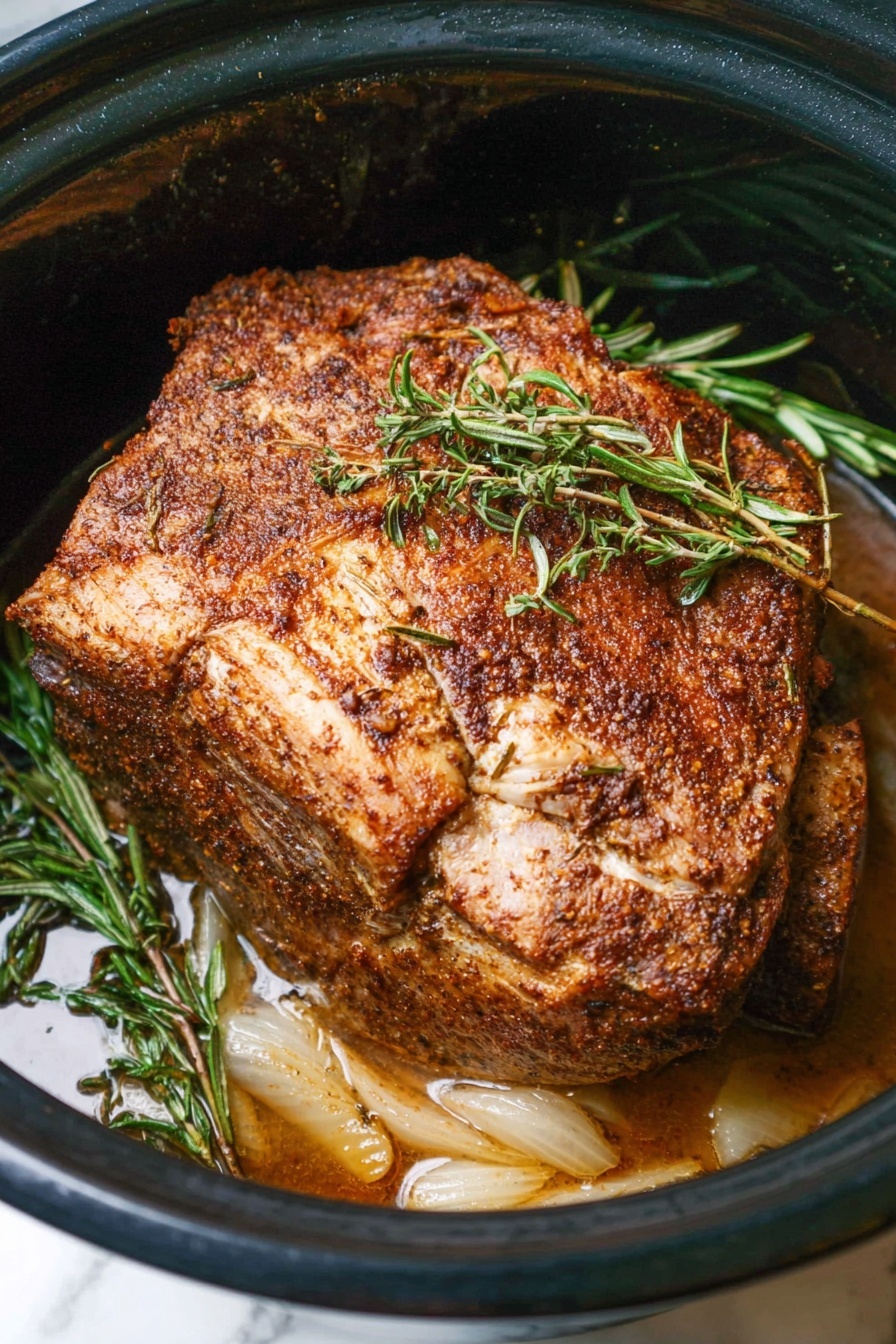 Slow Cooker Herb-Seasoned Turkey Breast, easy turkey breast recipe, juicy turkey in slow cooker, herbal turkey breast, healthy slow cooker poultry - A sliced roasted piece of white meat with a brown outer crust sits on a bed of cooked onion slices, halved roasted garlic, and fresh sprigs of rosemary and thyme inside a dark pan. The meat is thick, with a juicy, firm inside that contrasts with its slightly crispy browned edge. The onions look soft and lightly browned, while the garlic reveals golden cloves. The green herbs add a fresh touch around the meat. The background surface is white marble. photo taken with an iphone --ar 2:3 --v 7