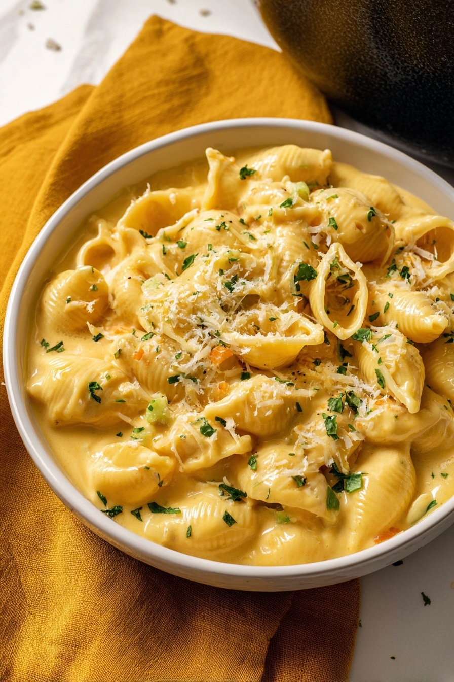 Mac & Cheese Soup, cheesy soup recipe, comfort food recipes, creamy cheese soup, easy cheesy soup - This image shows a white bowl full of creamy pasta with shell-shaped noodles covered in a thick, smooth yellow cheese sauce. Small chopped green herbs are sprinkled on top, along with a light dusting of grated cheese. Pieces of green and orange vegetables are mixed into the sauce, adding little pops of color. The bowl sits on a soft mustard yellow cloth, and part of a dark pot is visible in the upper right corner. The background is a white marbled surface. photo taken with an iphone --ar 2:3 --v 7