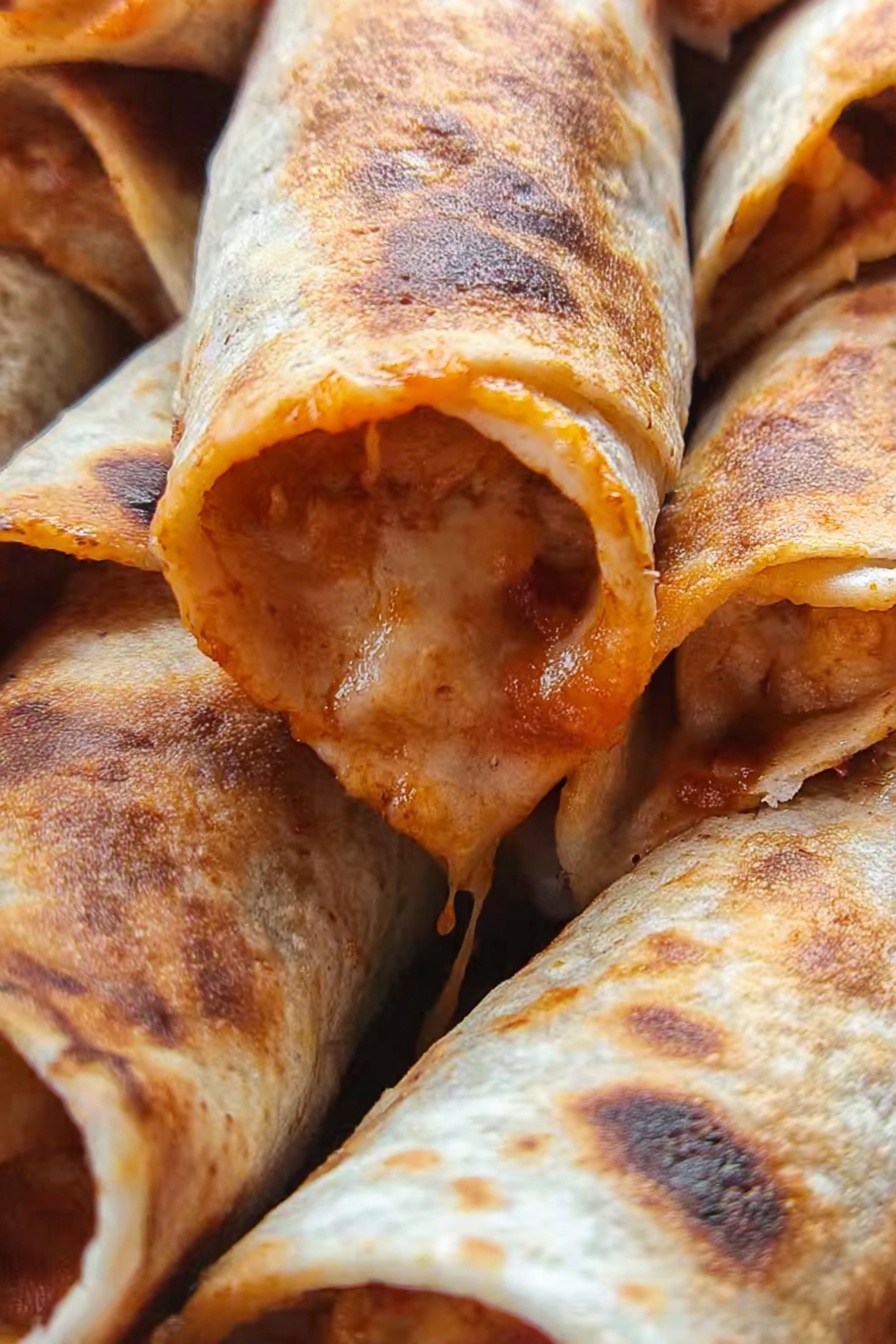 Air Fryer Pizza Rolls, crispy pizza roll recipe, quick snack ideas, easy air fryer snacks, cheesy pizza rolls - The image shows a close-up of rolled tortillas filled with melted cheese and sauce. Each tortilla is light brown with some dark spots from cooking, and the cheese inside is orange with a stringy texture stretching slightly out of one tortilla. The tortillas are packed close together, and the background is out of focus. photo taken with an iphone --ar 2:3 --v 7