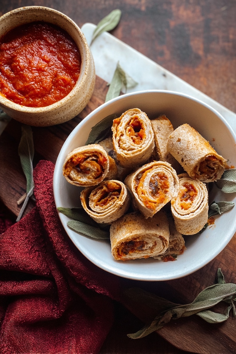 Air Fryer Pizza Rolls, crispy pizza roll recipe, quick snack ideas, easy air fryer snacks, cheesy pizza rolls - A white bowl filled with small rolled snacks that are sliced into bite-size pieces, showing layers of light brown outer wraps with visible orange-red and creamy fillings inside. Some dried green leaves are scattered around the rolls inside the bowl. Next to the bowl is a small beige cup holding thick red sauce with a textured surface. A deep red cloth is placed near the cup on a dark wooden surface that is replaced by a white marbled texture. photo taken with an iphone --ar 2:3 --v 7