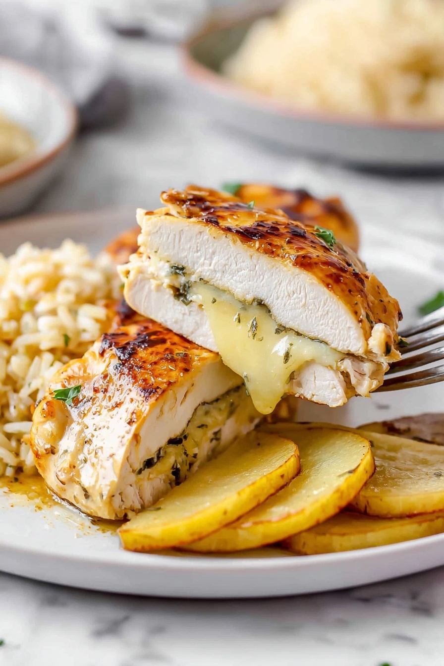 Apple and Brie Stuffed Chicken, stuffed chicken breast with apple and brie, easy stuffed chicken recipes, elegant chicken dinner ideas, quick apple chicken recipe - The image shows a close-up of three golden browned chicken pieces cooked in a creamy yellow sauce inside a black pan. Each chicken piece is stuffed with visible layers of green spinach and pale yellow sliced mushrooms, making the filling peep out from the sides. The sauce has a smooth, rich texture and pools around the chicken at the bottom of the pan. The pan sits on a wooden board, and the background has a white marbled texture with a sliced green apple and some herbs blurred in the distance. The warm light highlights the shiny glaze on the chicken, making it look tender and flavorful photo taken with an iphone --ar 2:3 --v 7