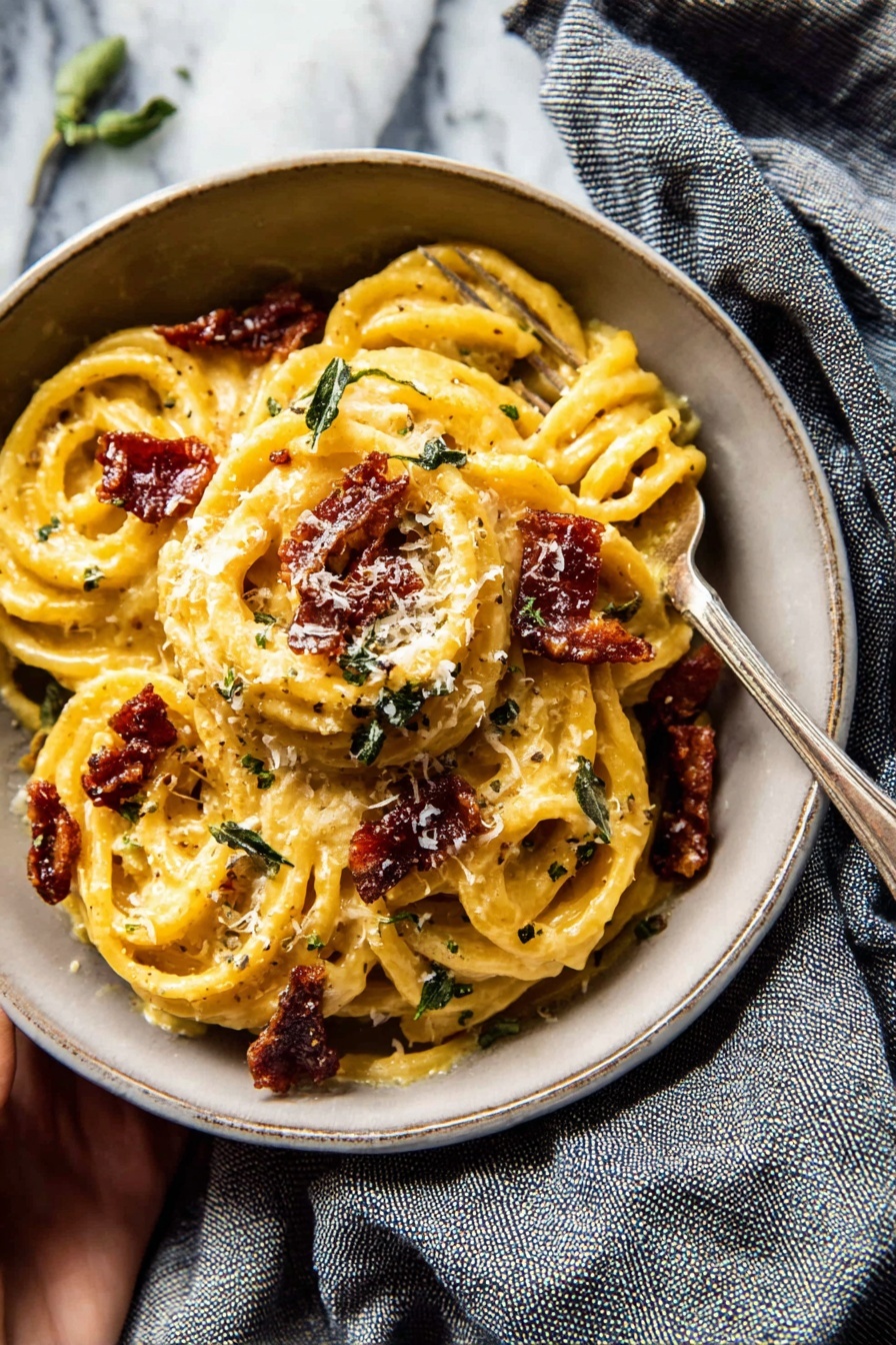 Creamy Roasted Garlic Butternut Squash Pasta, roasted butternut squash pasta, garlic squash pasta recipe, vegetarian autumn pasta, easy fall pasta recipes - A white bowl filled with thick, creamy yellow pasta spirals coated in a rich sauce, topped with dark reddish-brown crispy pieces and small green herb leaves scattered over the top. The pasta is piled high in the middle with sauce clinging to each spiral, and grated white cheese sprinkled on top. A silver fork rests on the edge of the bowl, and a woman's hand is holding the bowl on a white marbled surface with a soft gray and blue striped cloth nearby. Photo taken with an iphone --ar 2:3 --v 7