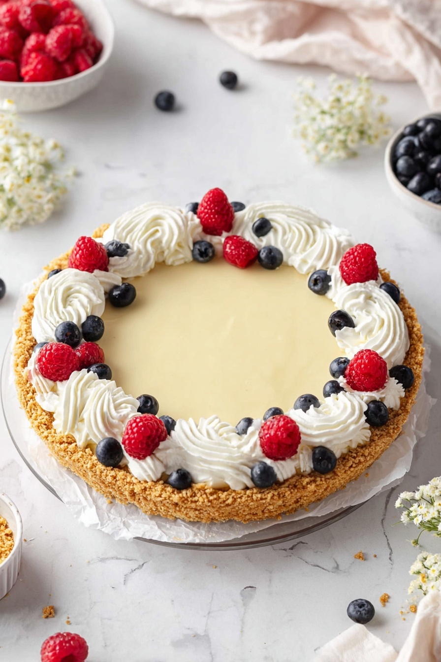 No-Bake Cheesecake with Condensed Milk, no-bake cheesecake, quick dessert recipes, easy cheesecake, creamy cheesecake - A round pie with three visible layers: the bottom layer is a crumbly golden crust, the middle layer is a smooth pale yellow filling, and the top layer has white whipped cream swirled around the edge. Red raspberries and dark blue blueberries are placed on and around the whipped cream in a neat circle. The pie sits on white parchment paper on a clear plate, all placed on a white marbled surface with scattered flowers and bowls of extra raspberries and blueberries nearby. Photo taken with an iphone --ar 2:3 --v 7