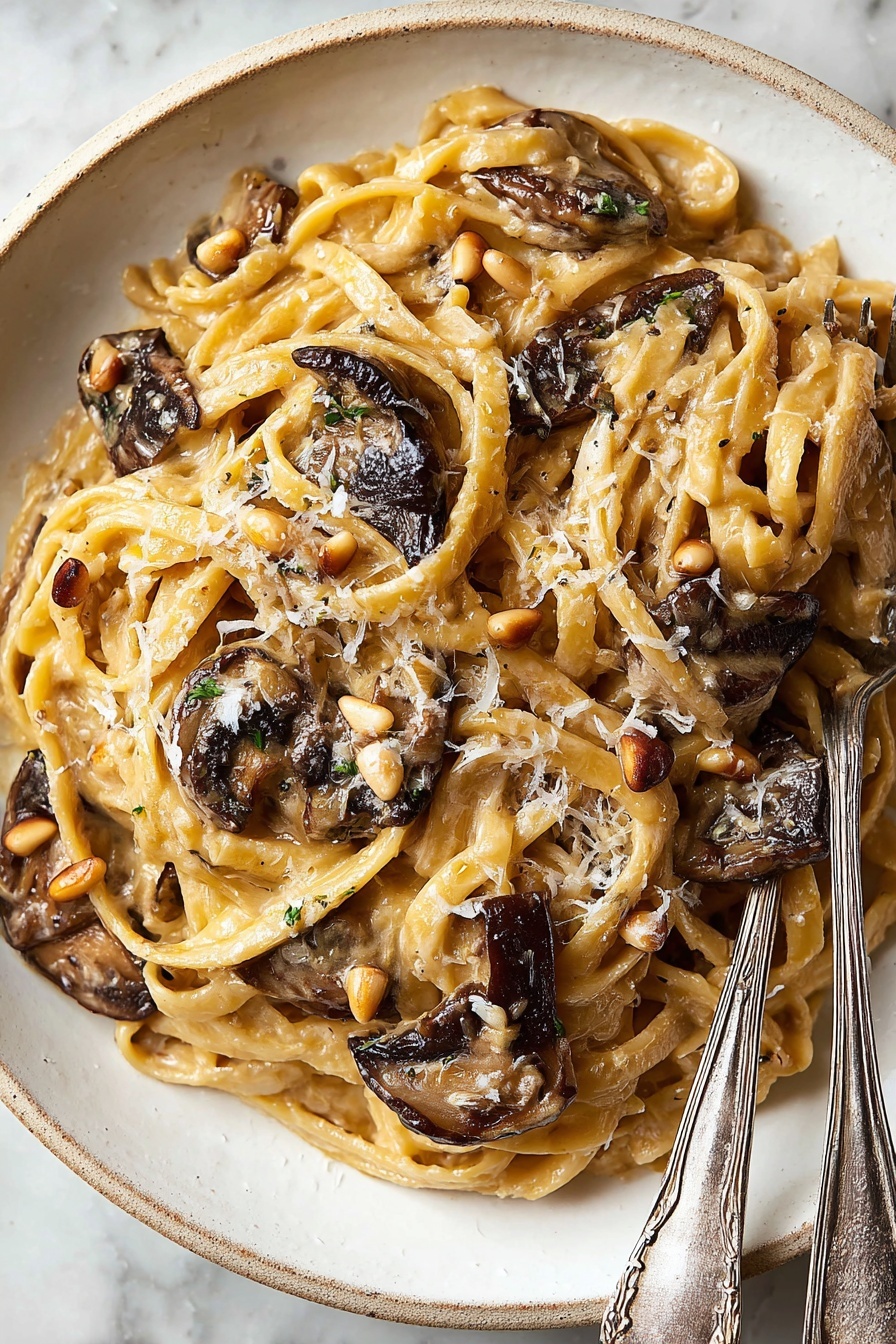 Caramelized Leek and Mushroom Pasta, leek and mushroom pasta, caramelized leek recipe, mushroom pasta with creamy sauce, comforting vegetable pasta - A white plate holds a dish of fettuccine pasta mixed with a creamy light brown sauce. The pasta strands are soft and twisted around each other, topped with several pieces of dark brown, slightly crispy mushrooms scattered on top and inside. Small tan pine nuts and grated pale yellow cheese are sprinkled evenly over the pasta. To the right side of the plate, two silver forks with delicate patterns rest partially on the pasta. The plate sits against a white marbled surface. Photo taken with an iphone --ar 2:3 --v 7