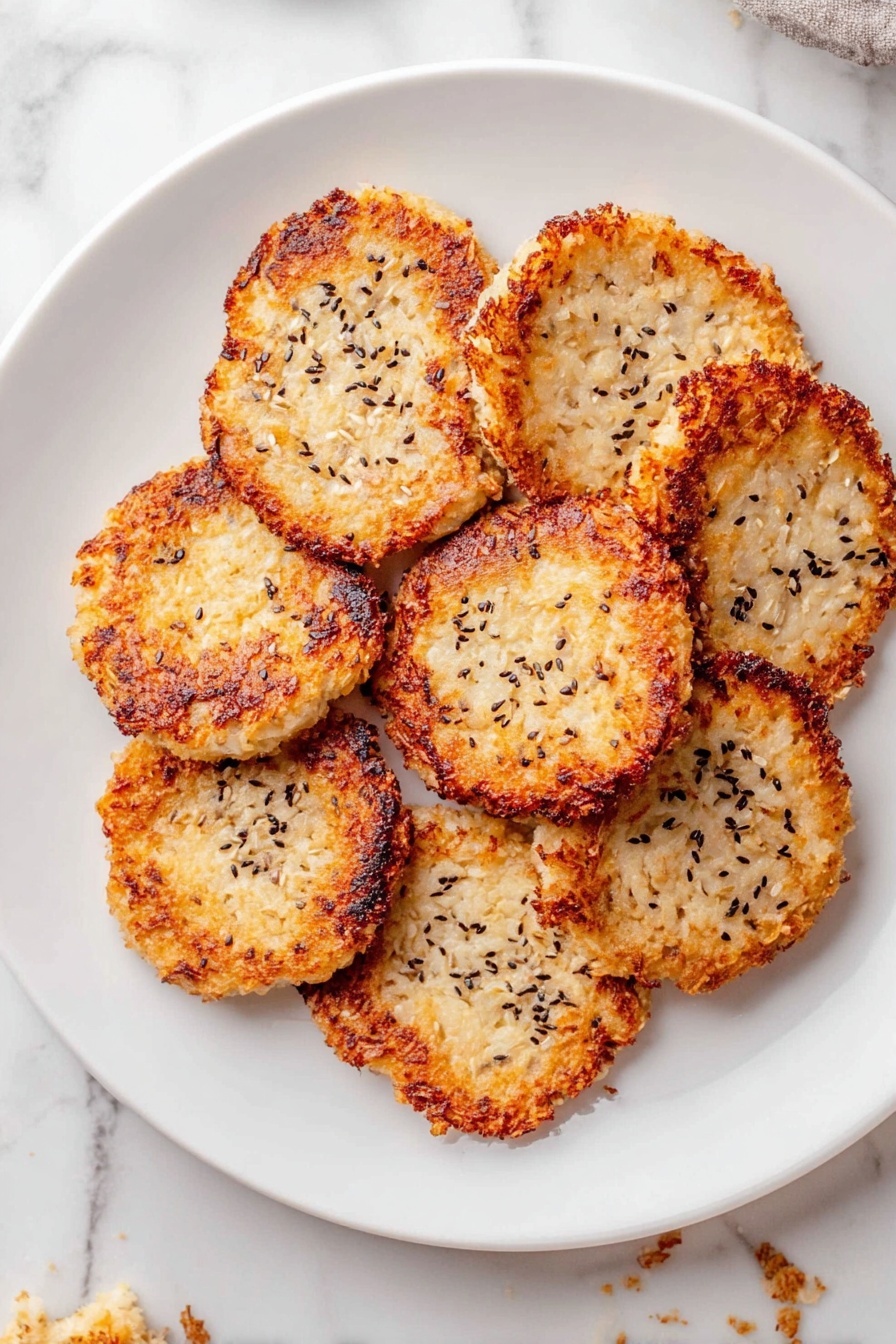 Cottage Cheese Chips, healthy crispy snack, low-carb snack ideas, high protein snacks, easy snack recipes - A white plate holds eight round, golden-brown patties arranged in a loose circle. Each patty has a crispy, browned edge that blends into a lighter, creamy center with visible grains or seeds inside. The tops have scattered black and white seeds, adding texture and contrast. The plate sits on a white marbled surface, and some small crumbs are visible nearby. Photo taken with an iphone --ar 2:3 --v 7