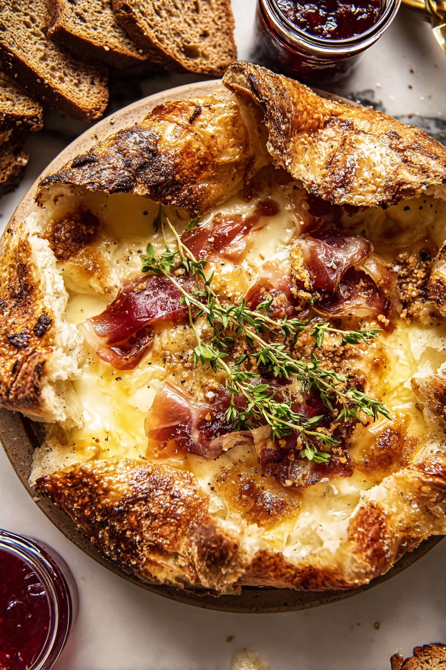 Prosciutto Baked Brie Pastry, baked brie appetizer, prosciutto and brie recipe, puff pastry appetizer, elegant cheese appetizer - The image shows three golden brown, triangular pastries with a crunchy, textured crust sprinkled with coarse sugar on a white plate. The pastries are arranged in a small pile, with visible layers of flaky, light interior dough inside each triangle. Small green herb sprigs are placed on and around the pastries, adding color and freshness. Behind the pastries, there is a jar filled with red jam, and toasted slices of seeded bread are slightly visible in the background. The white marbled surface underneath complements the rustic, warm look of the food. A metal spatula with a wooden handle lies next to the plate, partially visible. Photo taken with an iphone --ar 2:3 --v 7