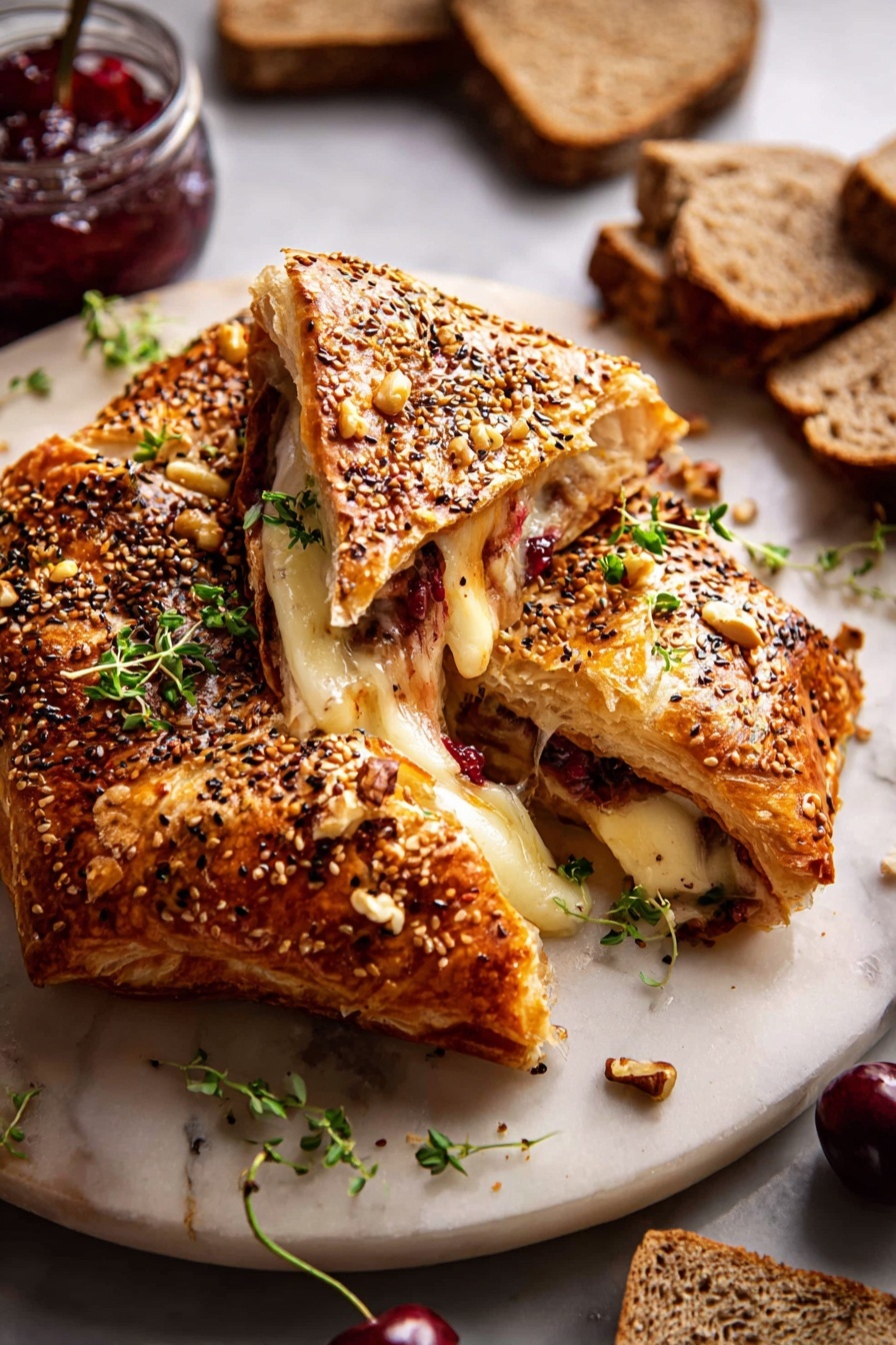 Prosciutto Baked Brie Pastry, baked brie appetizer, prosciutto and brie recipe, puff pastry appetizer, elegant cheese appetizer - This image shows a golden puff pastry wrapped baked cheese, broken open to reveal layers inside. The outer layer is crispy and golden brown with small seeds sprinkled on top, decorated with small green herb leaves. Inside, the melted cheese is creamy pale yellow with stringy texture, and there are thin dark red slices of cured meat mixed with some whole nuts. The dish sits on a round white plate on a white marbled surface. Around the plate are slices of nut-studded dark grain bread and a small jar of deep red jam with a spoon, along with a few fresh cherries. photo taken with an iphone --ar 2:3 --v 7