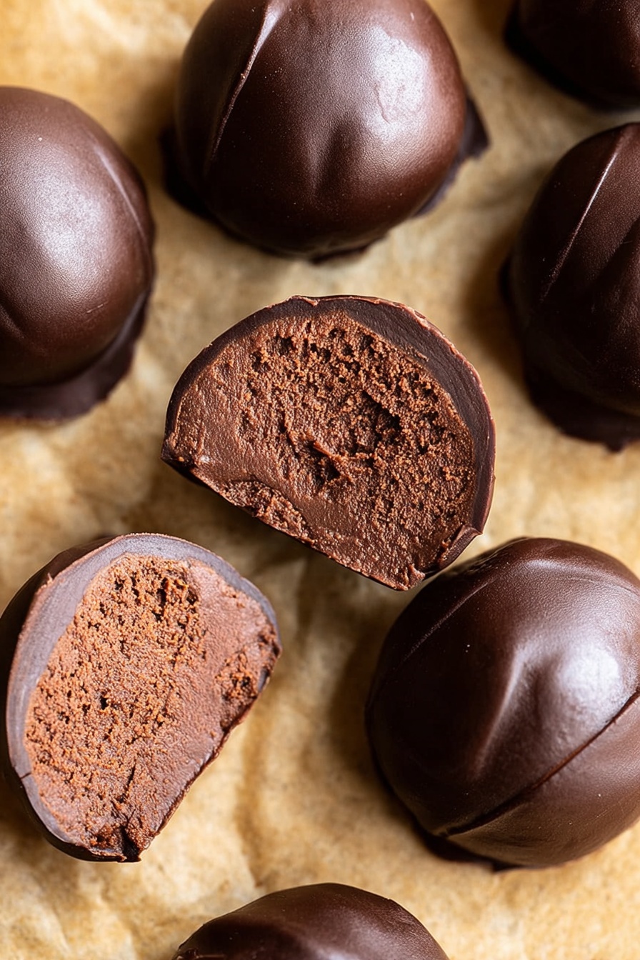 Healthy Chocolate Bean Snack Balls, healthy chocolate snacks, no-bake energy bites, nutritious chocolate treats, vegan chocolate snack balls - The image shows several round chocolate truffles placed on a light brown parchment-like surface. The truffles have a smooth, shiny dark chocolate outer layer with a rich and dense inner filling that has a lighter brown, slightly crumbly texture. Some truffles are whole and others are cut in half, revealing the thick inner layer which is almost as thick as the outer shell. The truffles are arranged closely together, showing their glossy finish and dense centers clearly. Photo taken with an iphone --ar 2:3 --v 7