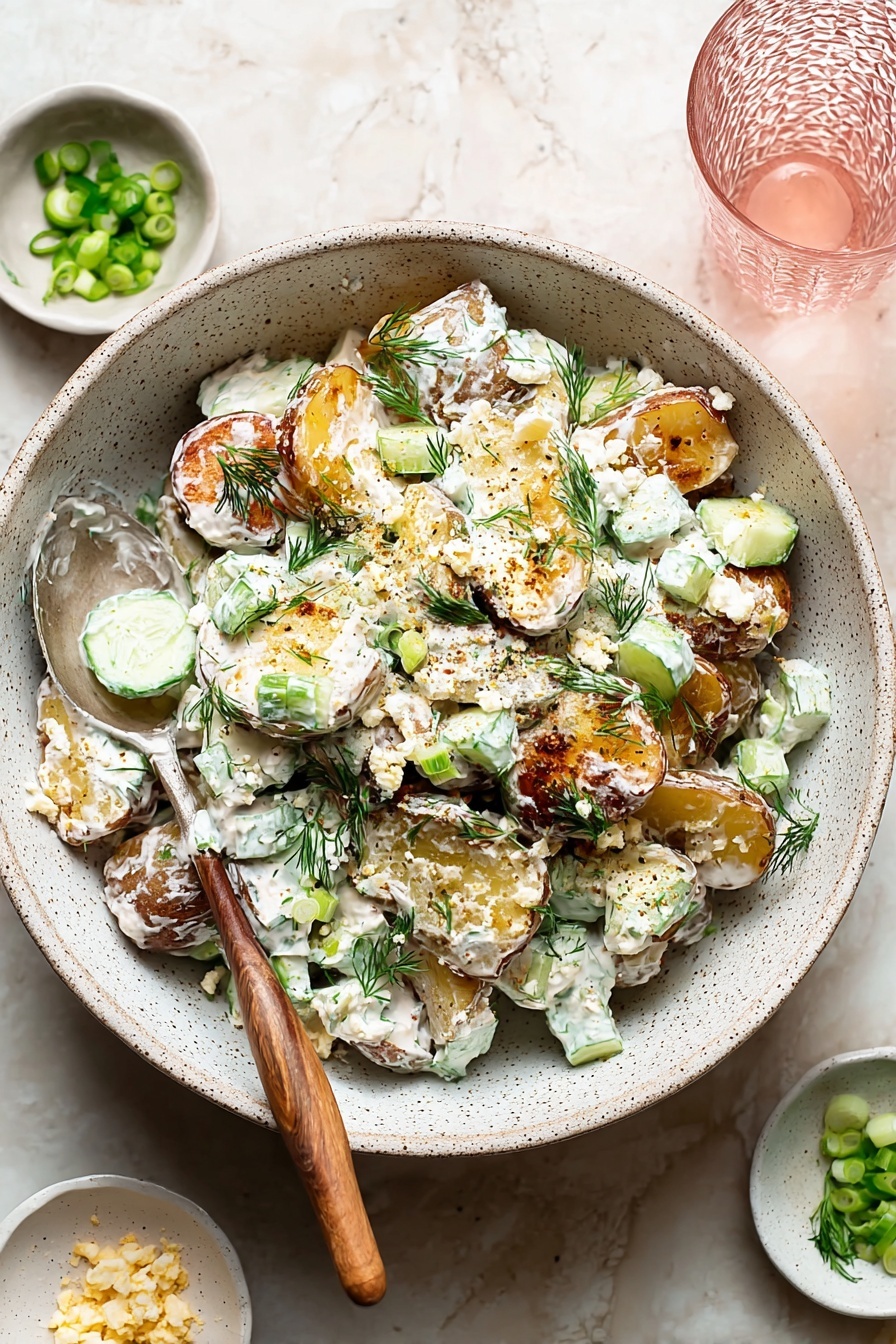 Smashed Potato Salad with Greek Yogurt Dressing, healthy potato salad, creamy Greek yogurt potato salad, easy potato salad recipe, tangy herb potato salad - A white speckled bowl holds a creamy potato salad made with thick slices of crispy-skinned, golden brown roasted potatoes as the bottom layer, covered generously with a thick white sauce mixed with small green cucumber cubes, chopped fresh dill, and scallions, topped with small bits of crumbly white cheese and sprinkled black pepper; a spoon with a wooden handle rests inside the bowl, partially scooping the salad. Around the bowl, small white bowls with green onion pieces and crumbly cheese are placed on a white marbled surface, along with a clear textured glass of pink liquid. Photo taken with an iphone --ar 2:3 --v 7