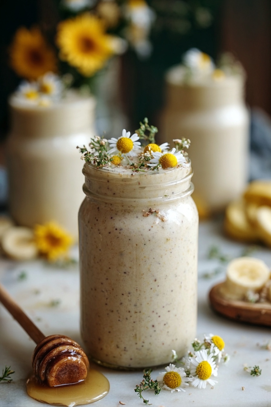 Banana Chamomile Tea Smoothie, soothing banana smoothie, chamomile tea drink, healthy fruit smoothie, calming beverage recipes - A tall glass jar filled with a creamy beige smoothie with tiny dark specks. On top of the smoothie, there are small light yellow chamomile flowers and some green herbs placed as decoration. The jar sits on a white marbled surface surrounded by sliced bananas and more chamomile flowers scattered around. In the background, two similar jars filled with the same smoothie are slightly out of focus, also with flower decorations. There is a honey dipper with some honey next to the jar in the front. The overall look is soft and natural with warm, cozy lighting. photo taken with an iphone --ar 2:3 --v 7