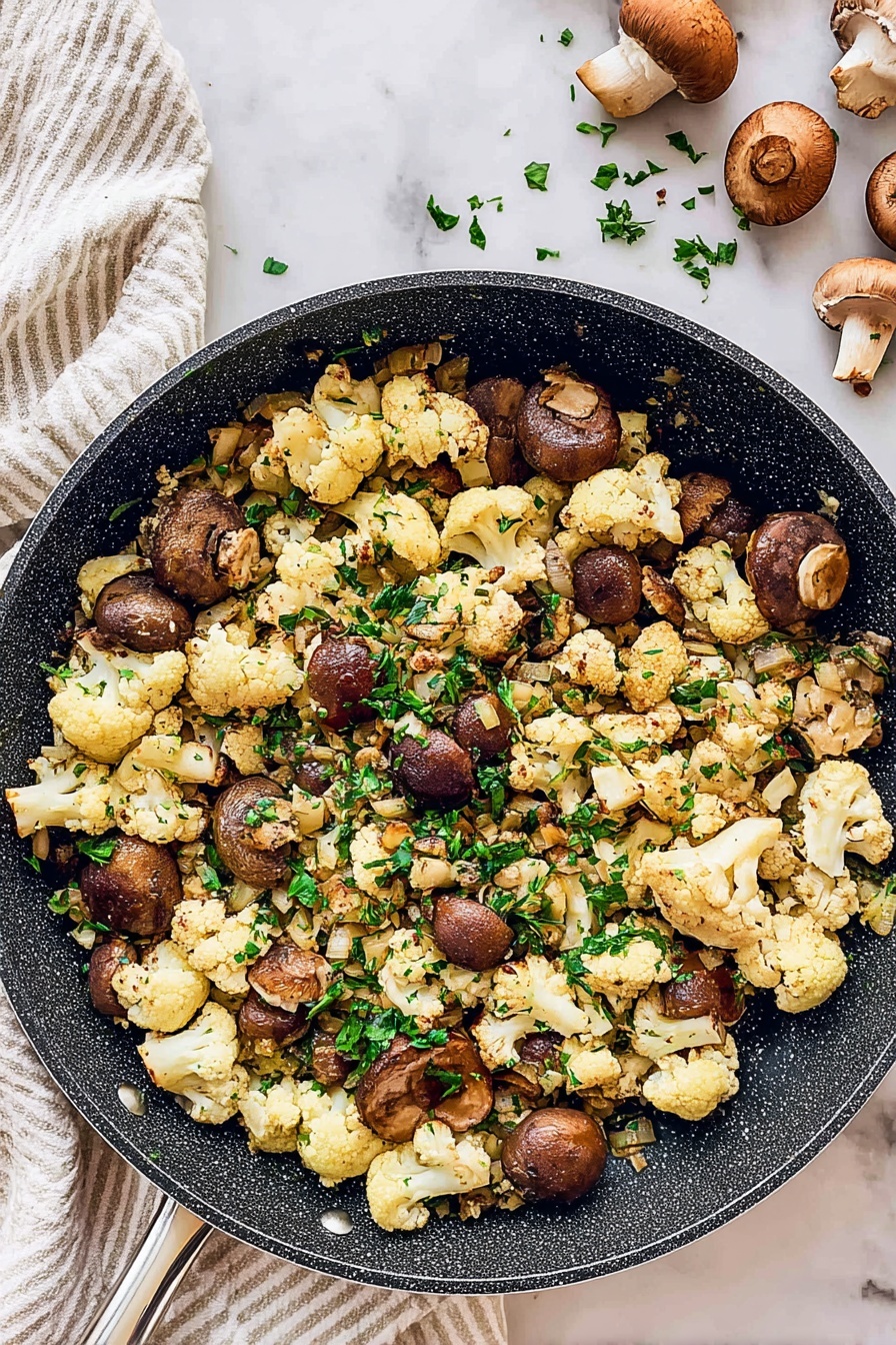 Creamy Mushroom Cauliflower Skillet, mushroom cauliflower stir-fry, healthy vegetarian skillet dinner, easy cauliflower mushroom recipe, comforting veggie skillet - A pan filled with cooked cauliflower and whole brown mushrooms mixed with small pieces of light golden onions and sprinkled with fresh green chopped herbs, showing a mix of light cream, brown, and green colors evenly spread throughout the dark pan, all placed on a white marbled surface with a white and beige striped cloth nearby and some mushrooms and green herbs scattered around, photo taken with an iphone --ar 2:3 --v 7