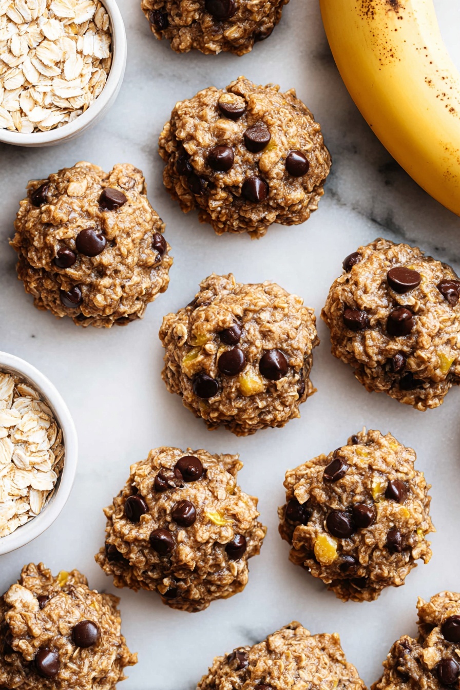 Banana Oatmeal Cookies with Chocolate Chips, healthy banana oatmeal cookies, easy fruit cookies, wholesome oatmeal treats, chocolate chip banana cookies - This image shows about twelve round oatmeal cookies with chocolate chips and bits of yellow banana mixed in. The cookies have a rough, chunky texture with visible oats and dark brown chocolate chips spread unevenly on their surfaces. They are placed directly on a flat white marbled surface, arranged loosely with some gaps between them. On the top right corner, there is a ripe banana with brown spots resting on the surface. On the bottom left, a small white dish filled with dry rolled oats is partially visible. The lighting is bright and natural, highlighting the texture of the cookies and the banana skin. photo taken with an iphone --ar 2:3 --v 7