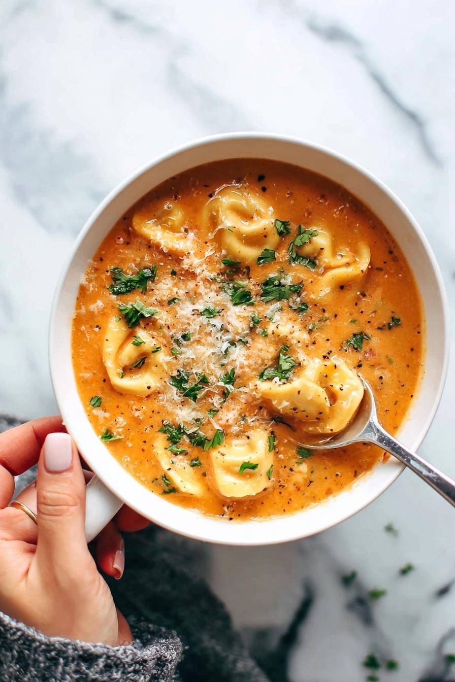Creamy Italian Tortellini Soup, Italian Tortellini Soup, cheesy tortellini soup, hearty Italian sausage soup, quick creamy pasta soup - A white bowl filled with thick orange soup that has visible small pieces of tortellini pasta, vegetables and herbs mixed in, topped with a light sprinkle of grated cheese and chopped green parsley. A woman's hand is holding the bowl's handle from the left side, and another woman's hand is holding a silver spoon dipping into the soup from the bottom right. The background shows a white marbled texture. photo taken with an iphone --ar 2:3 --v 7
