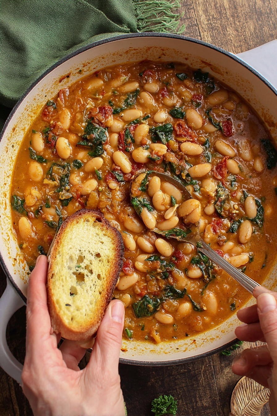 Vegan Butter Bean Recipe, creamy vegan beans, plant-based butter beans, vegan comfort food, easy vegan beans - The image shows a white pan filled with a rich, orange-brown stew with large white beans and pieces of green leafy herbs spread throughout. There are bits of red tomato and finely chopped onions mixed in, adding texture and color. A woman's left hand is holding a small piece of toasted bread inside the pan, while her right hand uses a spoon to scoop some beans and stew onto the bread. The background surface is a wooden texture with a green cloth partially visible in the top left corner. photo taken with an iphone --ar 2:3 --v 7