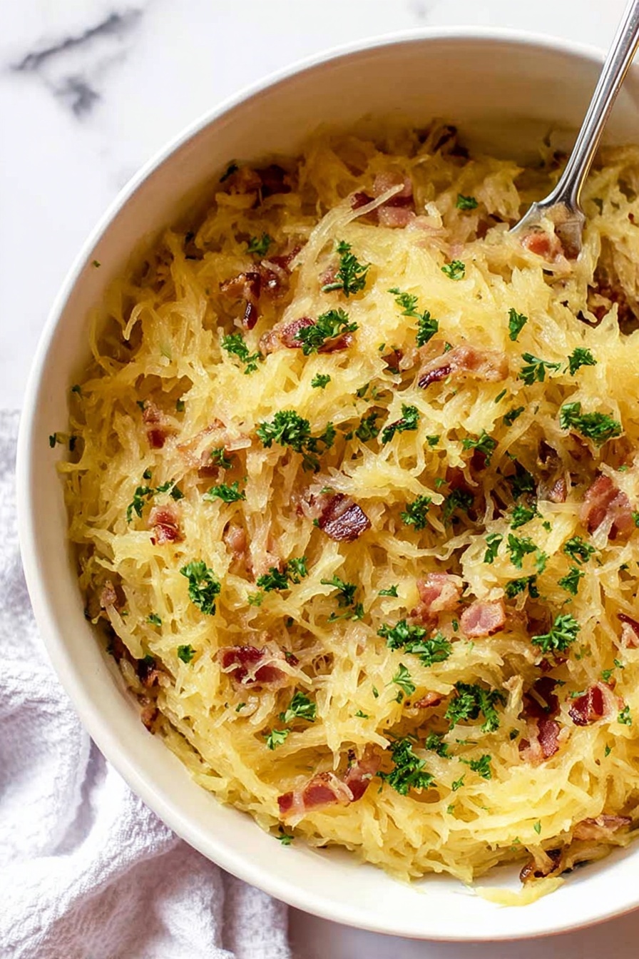 Spaghetti Squash Carbonara, healthy spaghetti squash recipes, low-carb veggie pasta dishes, light carbonara with spaghetti squash, easy vegetarian pasta ideas - The image shows a close-up of creamy spaghetti squash in a round white bowl with a gray rim. The dish has soft, stringy yellow spaghetti squash strands mixed with small pieces of pinkish-brown bacon and bits of green herbs sprinkled on top. A fork is lifting a bundle of the spaghetti squash, showing the stringy texture and a little shine from the sauce. The bowl is placed on a white marbled surface. The lighting is bright and natural, making the colors and textures clear. photo taken with an iphone --ar 2:3 --v 7