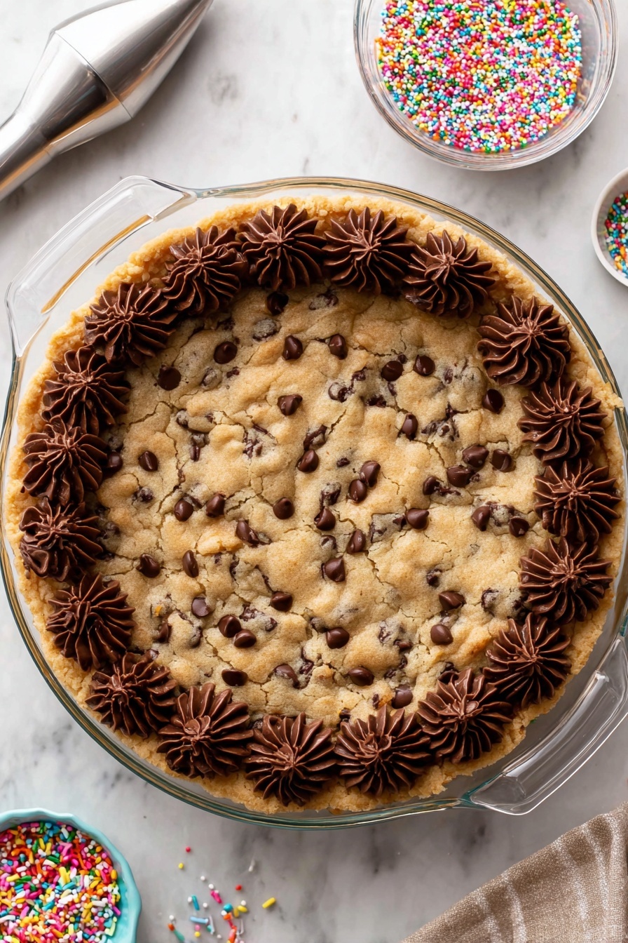Chocolate Chip Cookie Cake, cookie cake recipe, chewy cookie cake, homemade cookie cake, easy chocolate chip cookie cake - The image shows a round chocolate chip cookie cake in a clear glass pie dish with two handles. The cookie cake has a light golden-brown color with chocolate chips spread evenly across the surface. Around the edge, there is a ring of dark chocolate frosting piped in swirled dollops, adding texture and contrast. The cookie cake sits on a white marbled surface with a small bowl of colorful round sprinkles placed above it, and a piping bag with a metal tip near the lower left corner. A woman's hand is not visible but implied by the presence of the piping bag. photo taken with an iphone --ar 2:3 --v 7