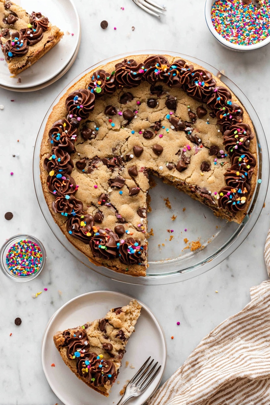 Chocolate Chip Cookie Cake, cookie cake recipe, chewy cookie cake, homemade cookie cake, easy chocolate chip cookie cake - A round chocolate chip cookie cake with a golden brown color sits in a clear glass pie dish on a white marbled surface. The cookie cake has visible chocolate chips scattered on top and is decorated with swirls of rich, dark chocolate frosting around the edge, each swirl dotted with small, colorful round sprinkles. A slice is missing from the cookie cake, and that slice is placed on a white plate nearby, showing the soft, slightly crumbly texture inside with chocolate chips. The slice is also decorated with chocolate frosting swirls and sprinkles on the edge. A fork with a small bite of cookie rests on the plate. There is a small bowl of colorful sprinkles near the top left and a woman's hand holding a small plate with another slice in the upper left corner. A beige and white striped cloth is partly visible in the lower right corner of the image. Photo taken with an iphone --ar 2:3 --v 7