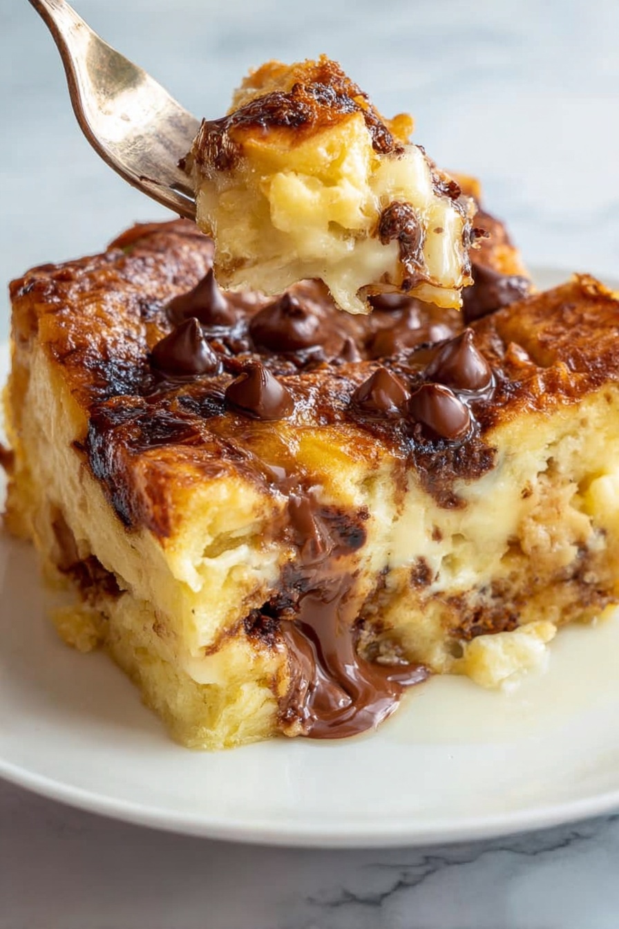 Chocolate Croissant Breakfast Bake, indulgent breakfast casserole, holiday brunch recipes, easy breakfast baking, chocolate croissant casserole - A thick, square piece of golden baked bread pudding with visible layers of soft, slightly spongy bread soaked in a creamy custard sits on a white plate with a white marbled surface underneath. The top layer is covered unevenly with melted chocolate chips that are melted and shiny, some still holding their shape. A fork lifts a bite-sized piece from the front, showing a gooey chocolate layer inside and the soft, textured bread underneath. The overall look is warm, rich, and inviting. photo taken with an iphone --ar 2:3 --v 7