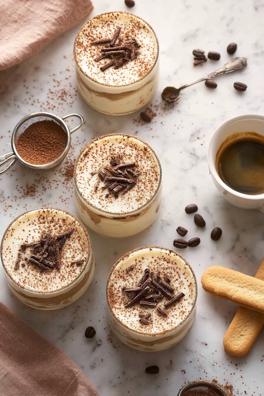 Easy Individual Tiramisu Cups, individual tiramisu dessert, simple tiramisu recipes, quick tiramisu cups, elegant dessert ideas - This image shows a close-up view of two white cups of dessert and a white cup of coffee on a white marbled surface. One dessert cup is partly eaten, revealing three layers: a light brown crumbly base at the bottom, a thick creamy white middle layer, and a dusting of cocoa powder topping with scattered dark chocolate chunks and whole hazelnuts. A golden spoon is scooping some from the partly eaten cup. The other dessert cup is full with the same creamy white layer topped with cocoa powder, chocolate chunks, and hazelnuts. Coffee beans and broken chocolate pieces are scattered around the cups. Photo taken with an iphone --ar 2:3 --v 7