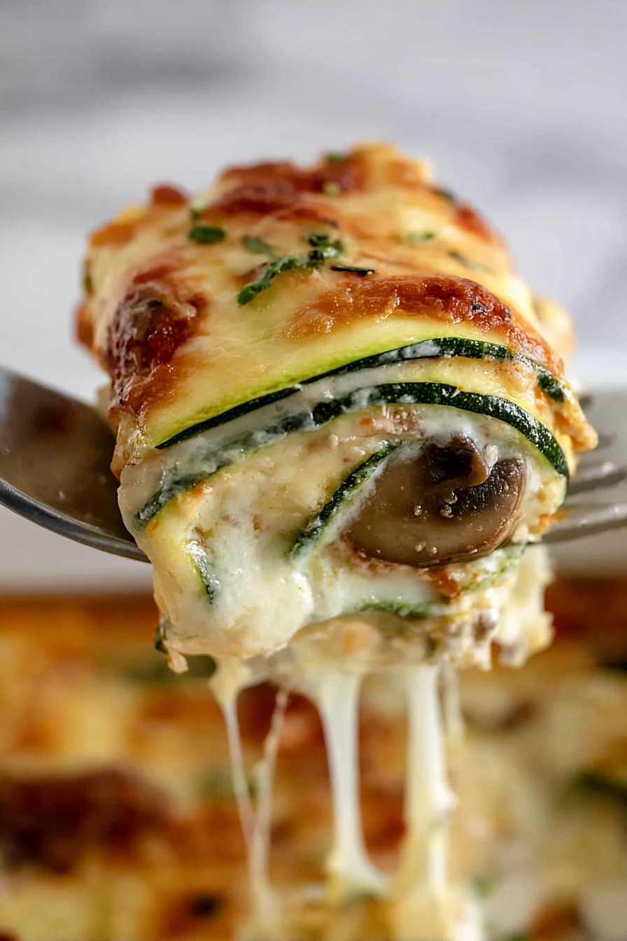 Zucchini Rollatini with Ricotta and Sausage, zucchini rollatini, cheesy baked zucchini rollups, stuffed zucchini with sausage and ricotta, easy zucchini dinners - A close-up of a fork holding a rolled slice of zucchini lasagna. The lasagna has multiple thin layers, starting with a green zucchini outer layer, followed by a thick creamy white cheese layer, and a middle layer with a small piece of cooked mushroom. The top is covered with melted cheese that has a golden brown, slightly crispy texture. Melted cheese strands stretch from the fork to the white marbled surface below, where more of the cheesy dish is visible blurred in the background. photo taken with an iphone --ar 2:3 --v 7