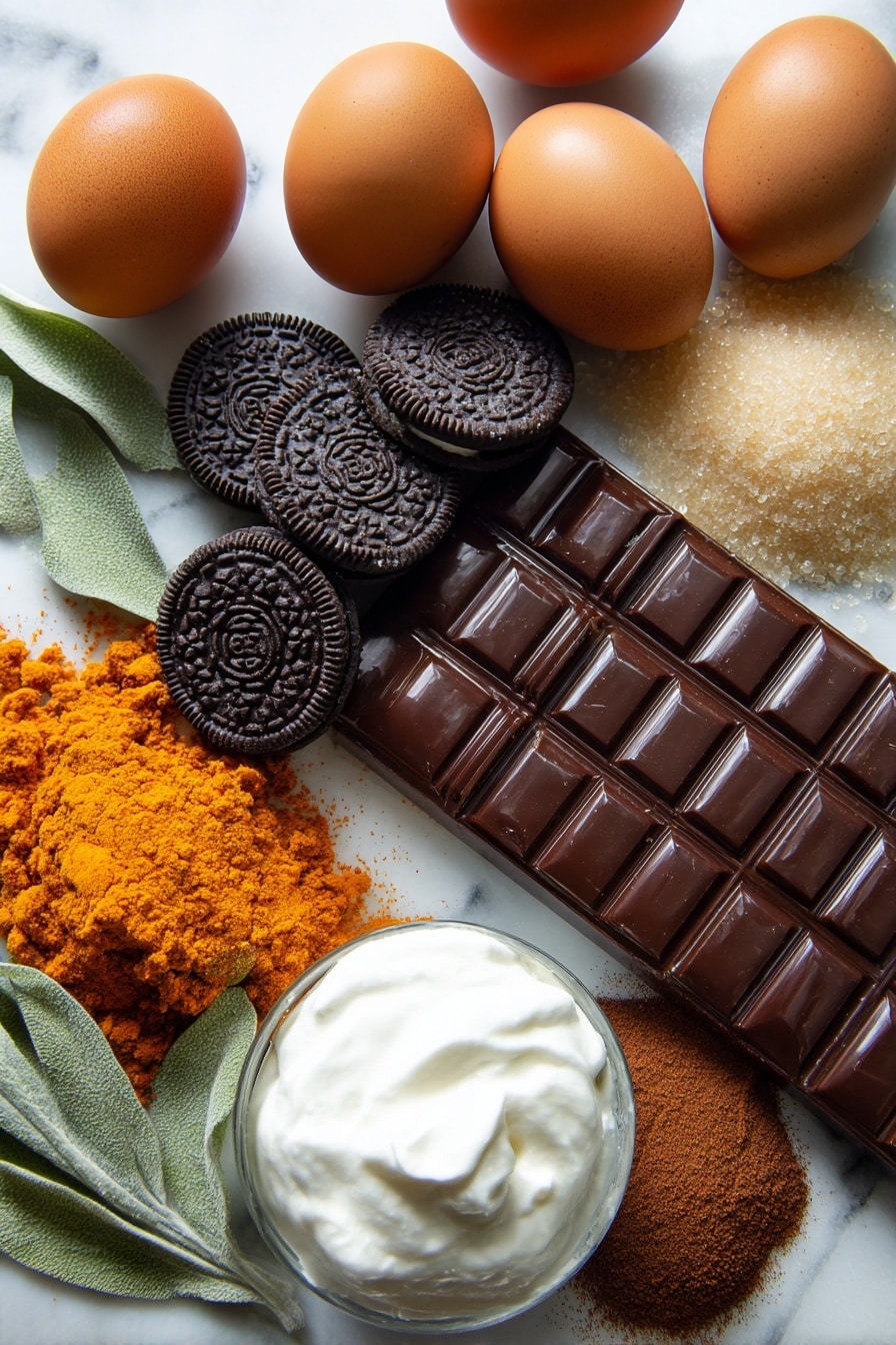 Chocolate Pumpkin Cheesecake with Bourbon Whipped Cream, pumpkin cheesecake dessert, fall pumpkin cheesecake, bourbon whipped cream recipe, chocolate pumpkin pie - Flat lay of glossy dark milk chocolate block with smooth surface, a small pile of rich orange pumpkin puree with creamy texture, a cluster of whole Oreo cookies showing their black-and-white contrast, fresh whole eggs with smooth brown shells, a heap of light golden brown sugar crystals, sprigs of fresh green cinnamon leaves (to represent cinnamon spice), a scattering of warm brown pumpkin pie spice powder, and a dollop of thick white sour cream with velvety texture, all beautifully arranged with natural spacing and soft daylight shadows, placed on white marbled surface, photo taken with an iphone --ar 2:3 --v 7