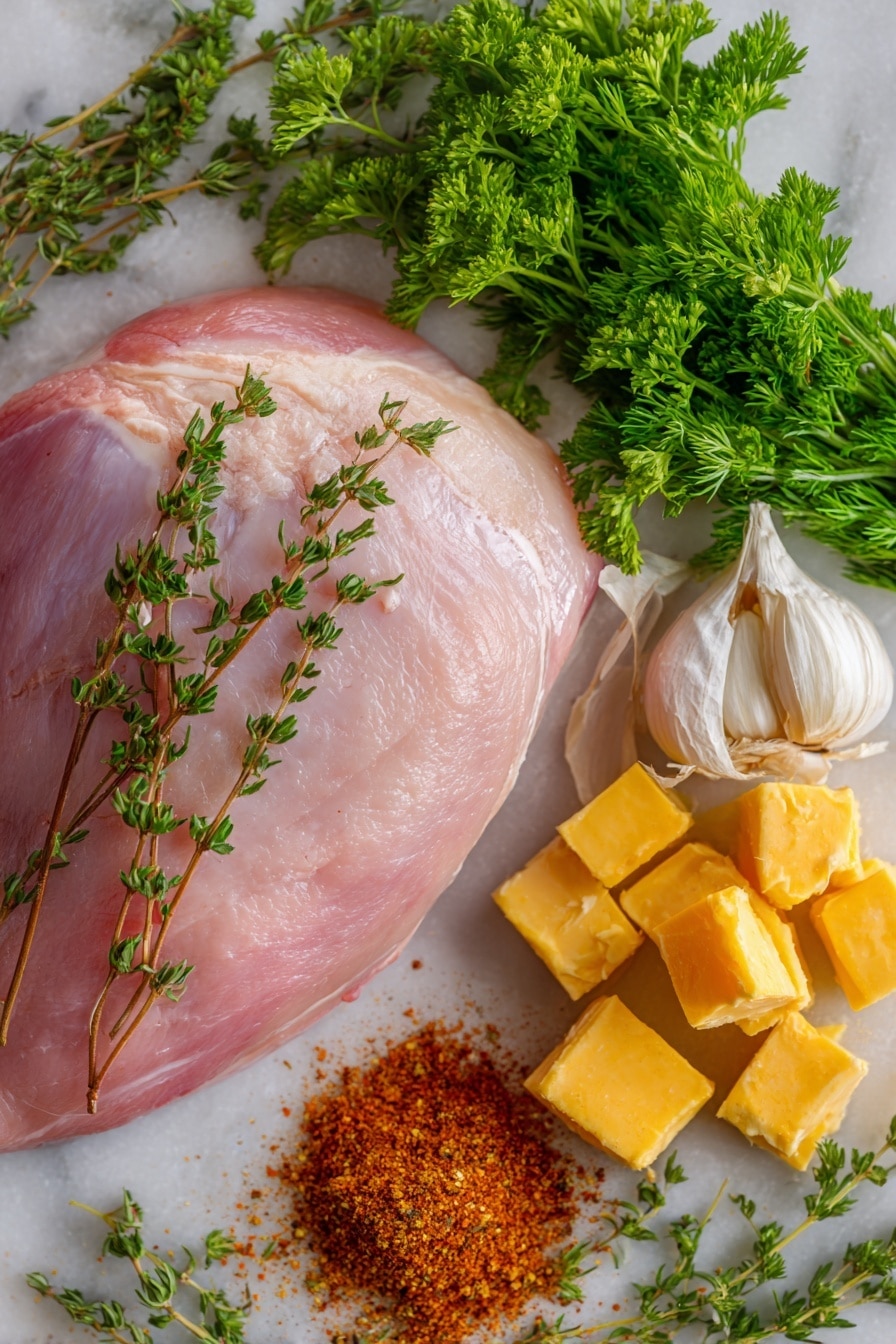 Cajun Butter Smoked Turkey Breast, smoked turkey breast, Cajun turkey recipe, smoked turkey ideas, juicy smoked turkey - Flat lay of a plump, raw boneless turkey breast with smooth pale pink skin, vibrant green fresh parsley leaves scattered alongside sprigs of bright green fresh dill and thyme, two garlic cloves with papery white skins and slightly crushed texture, a small mound of deep reddish-brown Cajun seasoning powder with hints of orange and rusty tones, and glossy golden cubes of salted butter, all naturally arranged in a rustic yet elegant way, placed on white marbled surface, photo taken with an iphone --ar 2:3 --v 7