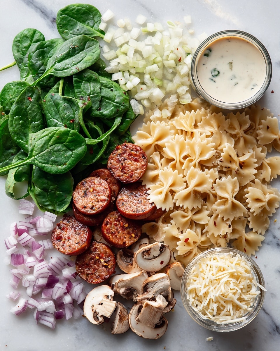 Creamy Vegan Sausage Pasta with Spinach, vegan sausage pasta, dairy-free creamy pasta, vegan pasta recipes, plant-based sausage pasta - Flat lay of sliced Italian vegan sausage with a rich brown sear, fresh baby spinach leaves in vibrant green, chopped sweet onion pieces in pale purple and white, minced garlic cloves with their creamy off-white texture, bright red chili flakes scattered naturally, a smooth can of light coconut milk with creamy white swirls visible, short cut pasta in a soft yellow tone with a slightly matte finish, and a small mound of grated vegan parmesan cheese in delicate off-white shreds, all beautifully arranged with contrasting colors and textures placed on white marbled surface, photo taken with an iphone --ar 2:3 --v 7