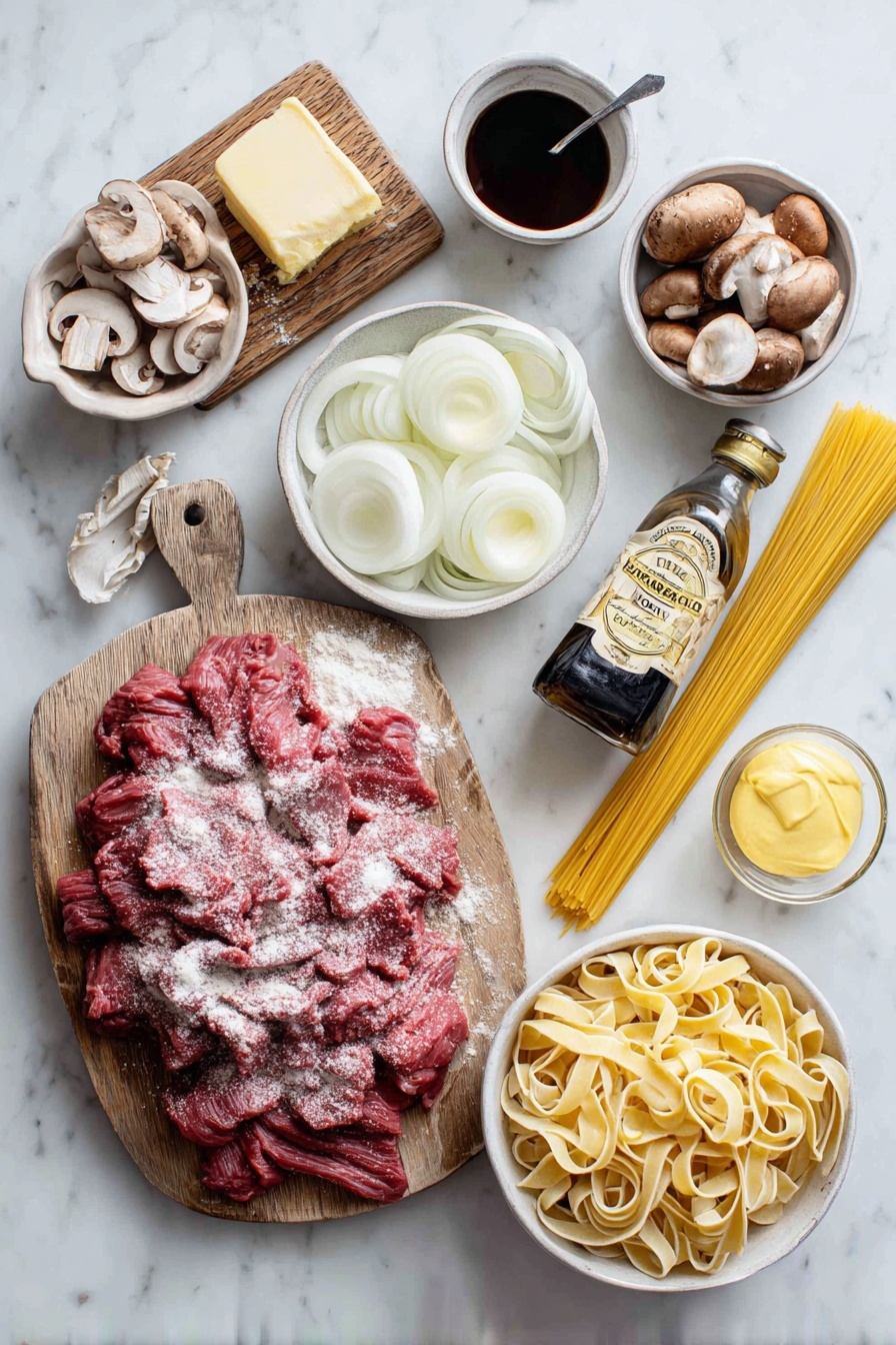 Old Fashioned Beef Stroganoff, beef stroganoff recipe, hearty beef stroganoff, classic beef stroganoff with mushrooms, creamy beef stroganoff - Flat lay of a generous pile of thinly sliced raw beef sirloin strips dusted with flour, a medium white onion sliced into rings, a small heap of sliced brown mushrooms, a pat of salted butter on a wooden board, a small bowl of rich beef broth next to a bottle of Worcestershire sauce, a dollop of creamy sour cream in a white ceramic bowl, a spoonful of Dijon mustard nearby, a bundle of uncooked egg noodles, and a drizzle of golden olive oil, all placed on a white marble surface, photo taken with an iphone --ar 2:3 --v 7