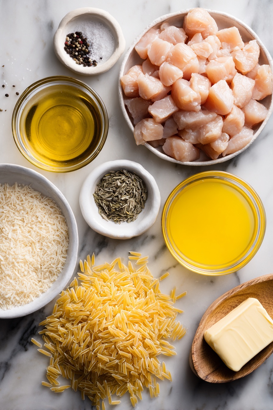 Lemon Chicken and Orzo, Lemon Chicken and Orzo recipe, Easy lemon chicken pasta, Quick chicken and orzo dinner, Bright lemon chicken dish - Flat lay of a small pile of cubed raw chicken breast, two tablespoons of golden olive oil in a glass bowl, a sprinkling of salt and garlic powder in small dishes, a few twists of black peppercorns, a clear bowl filled with chicken broth, a small glass container of bright yellow lemon juice, a mound of uncooked orzo pasta, a small heap of dried basil leaves, a half cup of grated Parmesan cheese spilling slightly from a bowl, and a quarter cup of salted butter on a wooden butter dish, placed on a white marble surface, photo taken with an iphone --ar 2:3 --v 7