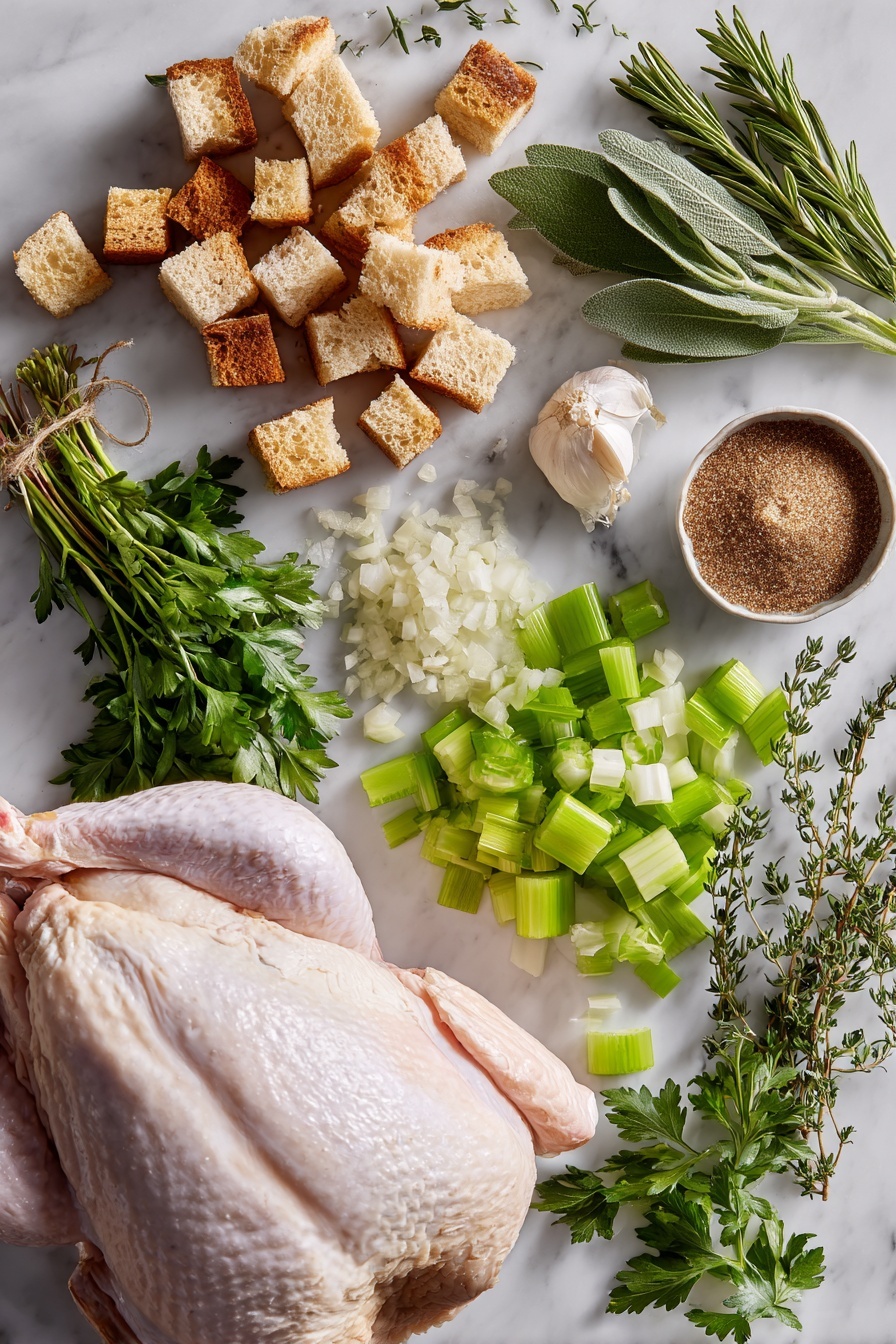 Sheet Pan Turkey and Stuffing, turkey and stuffing dinner, easy holiday casserole, one-pan turkey recipe, comforting holiday meal - Flat lay of golden toasted bread cubes, fresh minced garlic cloves, diced white onion, crisp celery ribs, bright green chopped parsley, a bundle of fresh herbs including sage, thyme, and rosemary, a small bowl of rich brown sugar, and a raw boneless turkey breast with skin, placed on a white marble surface, photo taken with an iphone --ar 2:3 --v 7