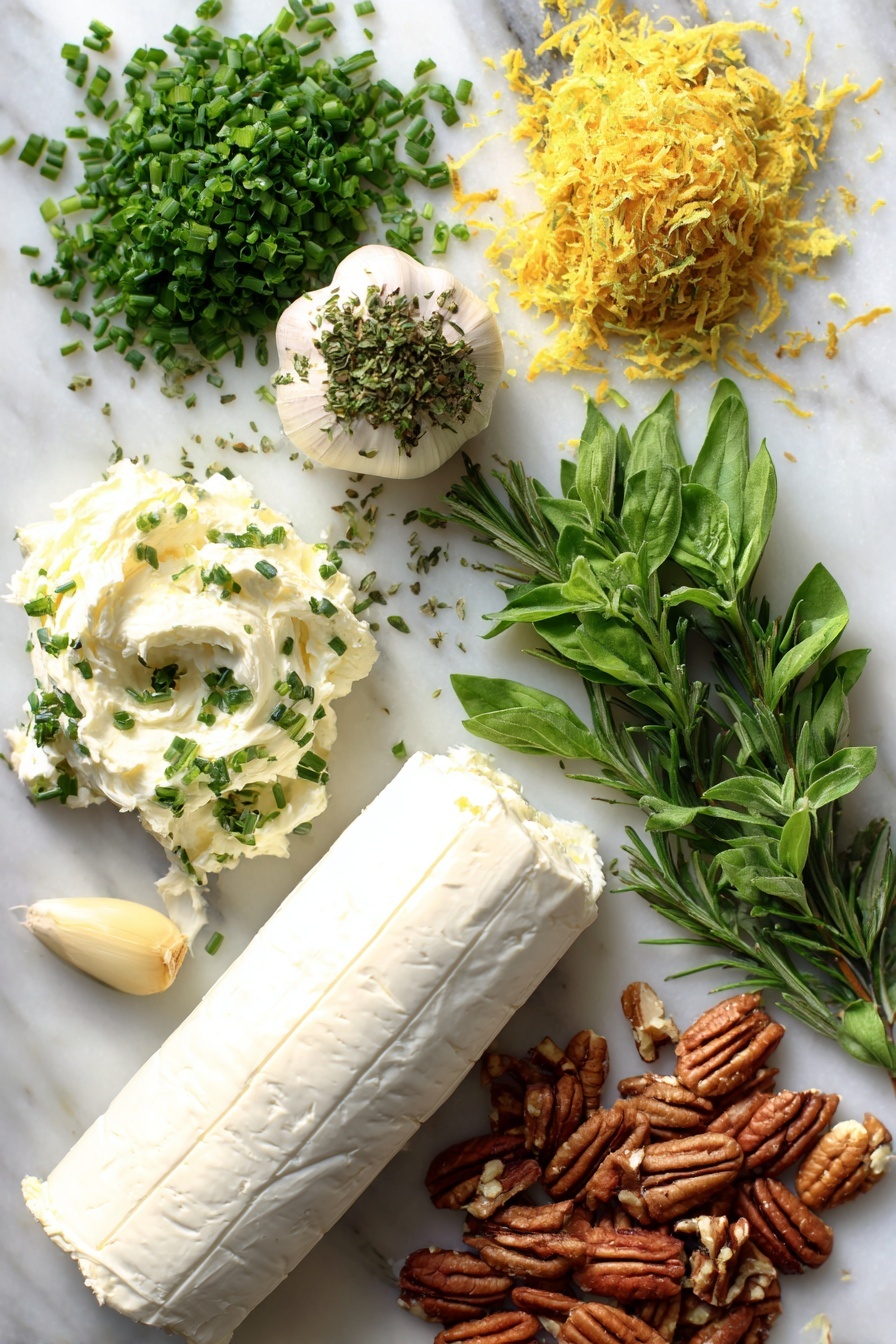 Garlic Herb Cheese Log, cheese log appetizer, seafood cheese cheese ball, goat cheese cheese dip, herb cheese spread - Flat lay of a smooth log of chèvre goat cheese and softened cream cheese, fresh bright green chives, parsley, basil, and oregano finely chopped, a small pile of golden lemon zest, a peeled garlic clove, and a handful of chopped pecans scattered around, placed on a white marble surface, photo taken with an iphone --ar 2:3 --v 7