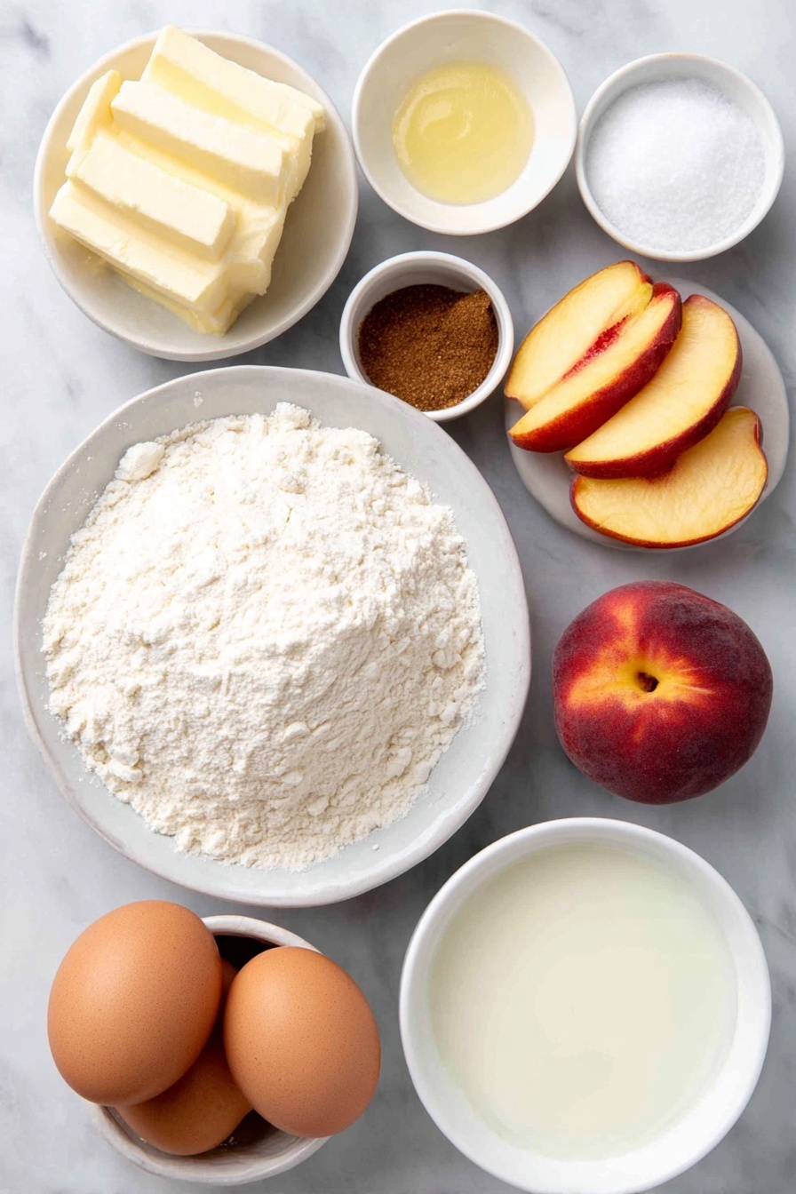 Peach Upside-Down Cake, Peach Dessert Recipe, Summer Fruit Cake, Caramelized Peach Cake, Easy Peach Cake - Flat lay of a small mound of all-purpose flour on a simple white ceramic plate, a few tablespoons of salted butter in a small white bowl, packed brown sugar in another small white bowl, a pinch of cinnamon in a tiny white bowl, three large peeled peach halves with their vibrant orange and pink flesh, a white ceramic bowl containing a whole, uncracked brown egg, a small white bowl filled with smooth milk, a small white bowl holding granulated sugar, and a small white bowl with vanilla extract placed as a clear pale liquid, all arranged in perfect symmetry on a clean white marble surface, soft natural light, photo taken with an iPhone, professional food photography style, fresh ingredients, white ceramic bowls, no bottles, no duplicates, no utensils, no packaging --ar 2:3 --v 7 --p awthu7i m7354615311229779997